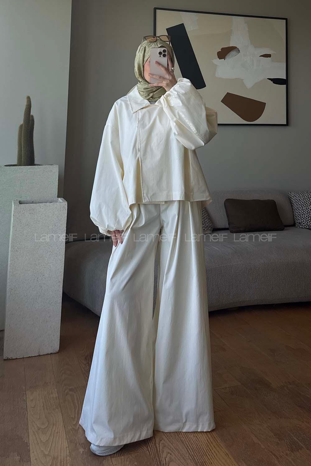 Ecru Shirt Collar Balloon Sleeve Arm Buttoned Cotton Polyester Regular Trousers Suit