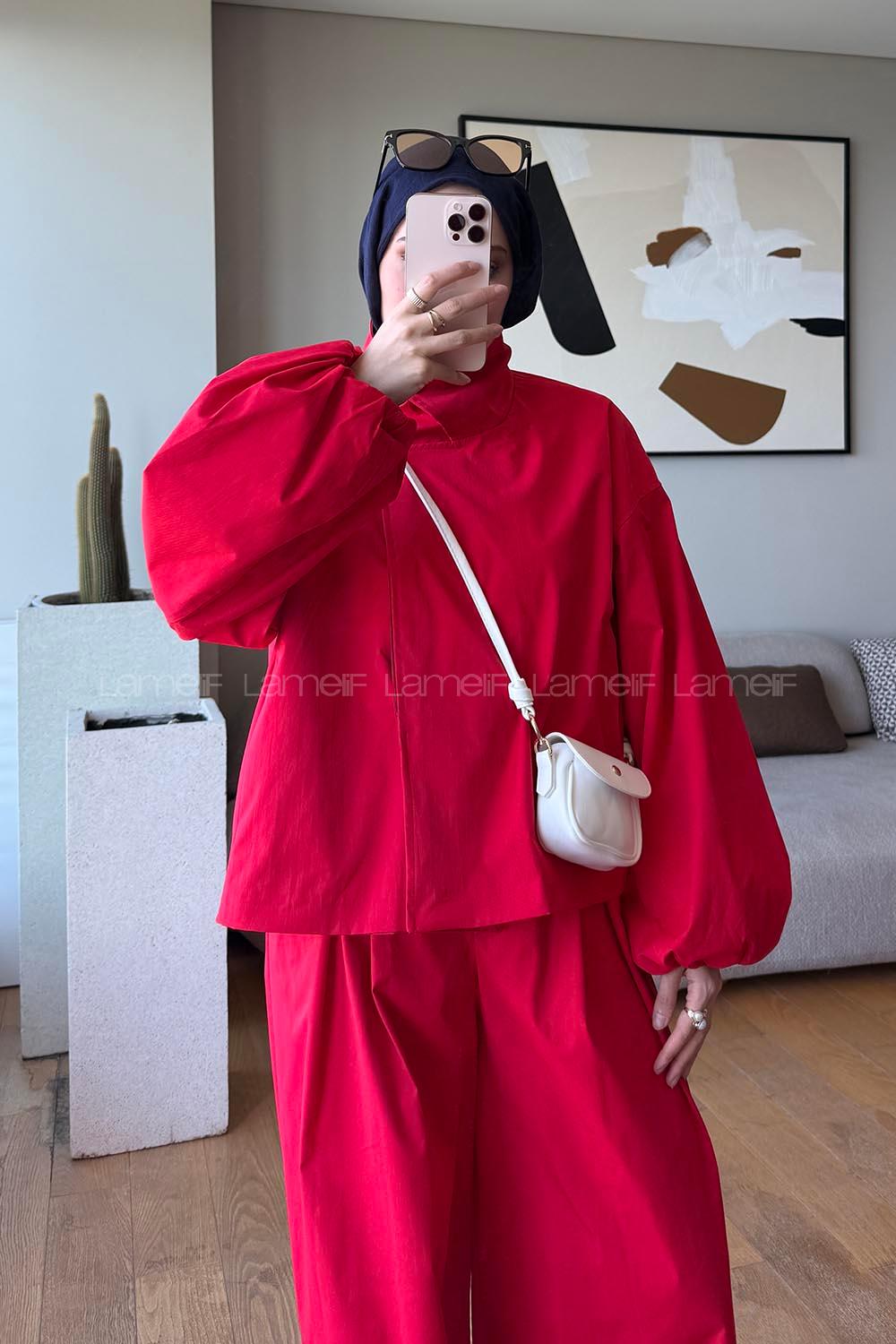 Red Shirt Collar Balloon Sleeve Arm Buttoned Cotton Polyester Regular Trousers Suit