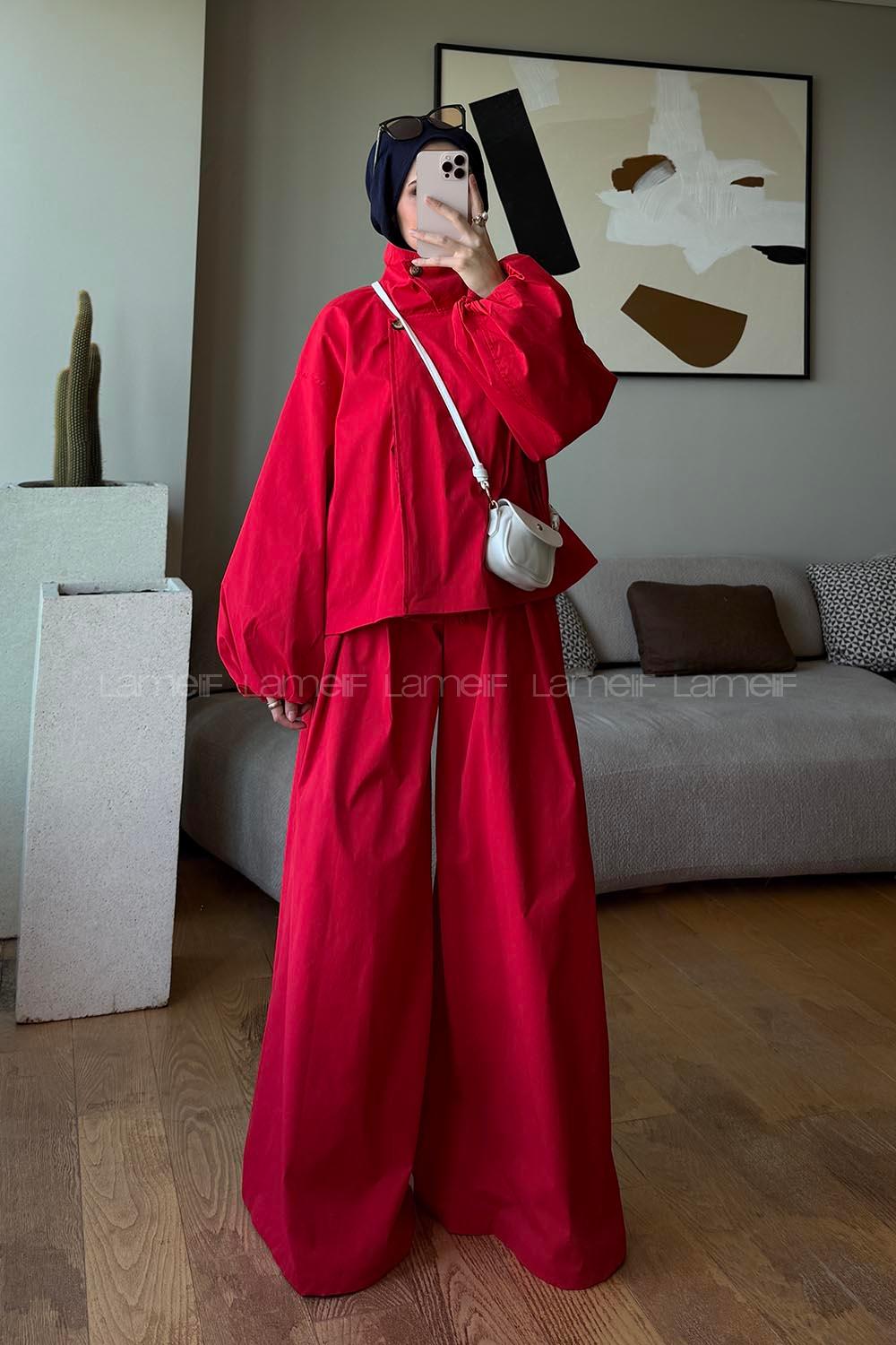 Red Shirt Collar Balloon Sleeve Arm Buttoned Cotton Polyester Regular Trousers Suit