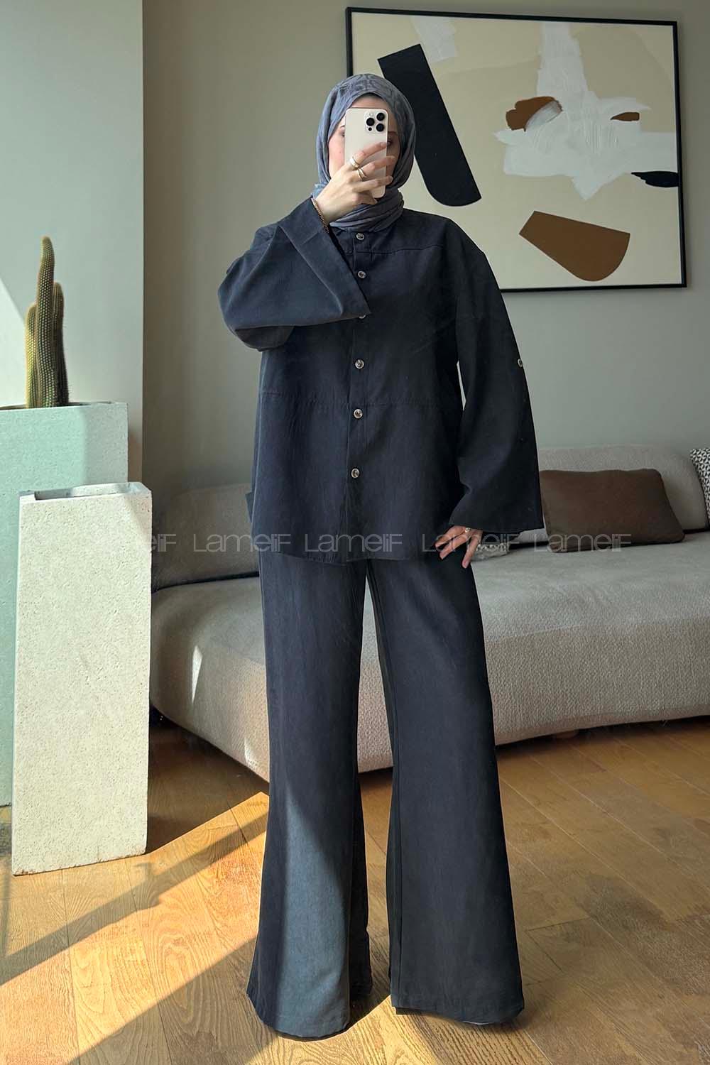 Black Shirt Collar Long Arm Buttoned Polyester Naylon Regular Trousers Suit