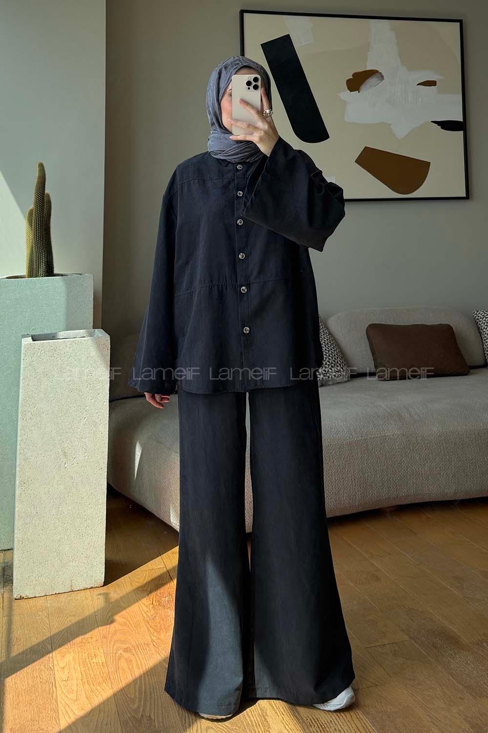 Black Shirt Collar Long Arm Buttoned Polyester Naylon Regular Trousers Suit