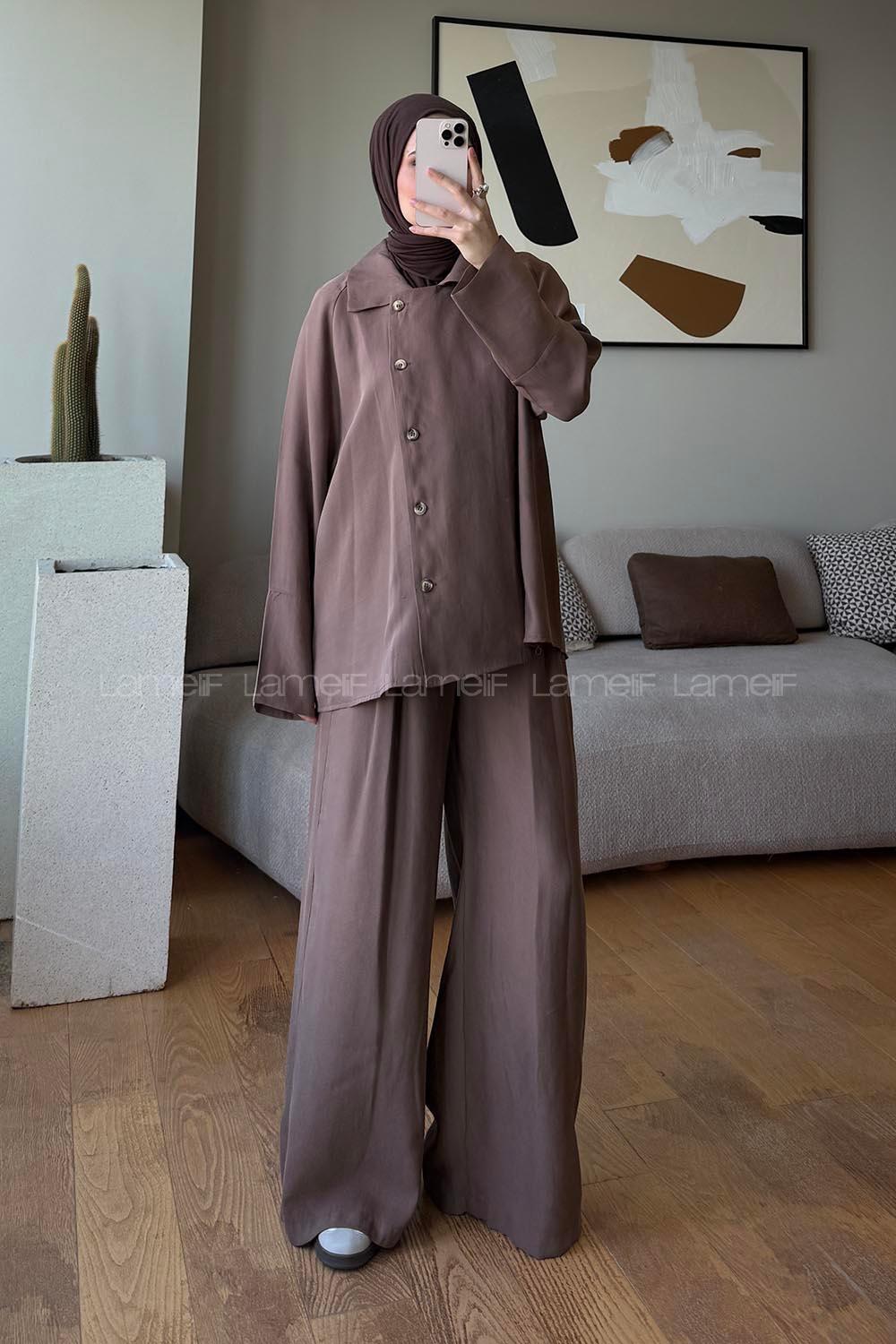 Brown Shirt Collar Long Arm Buttoned Polyester Regular Trousers Suit