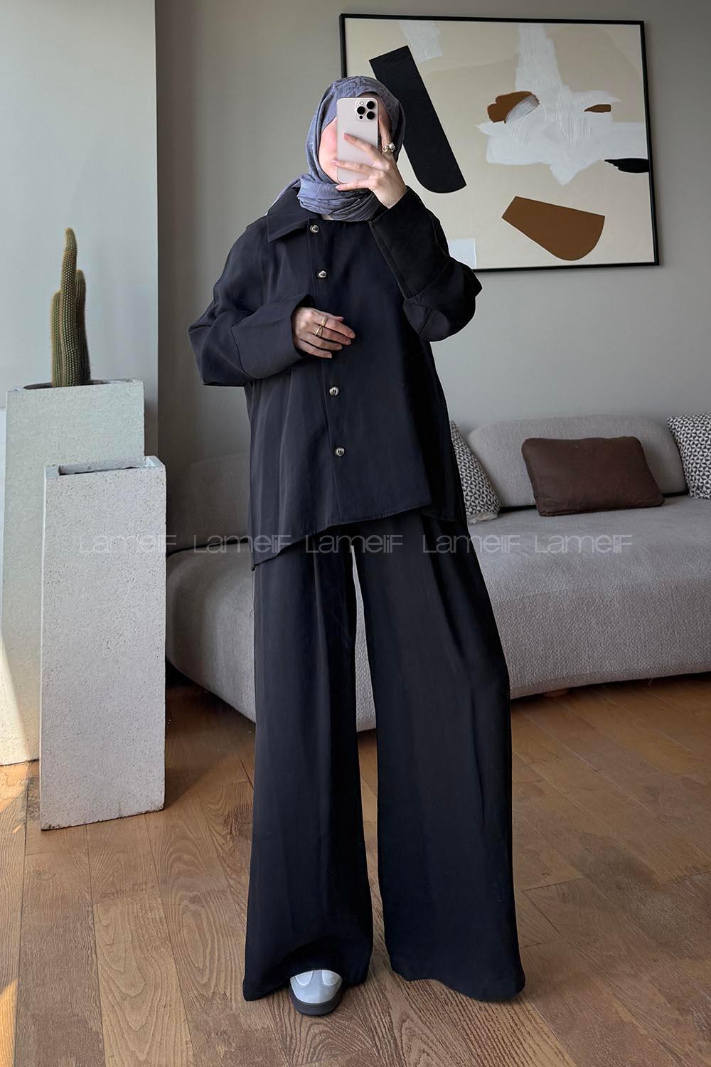 Black Shirt Collar Long Arm Buttoned Polyester Regular Trousers Suit