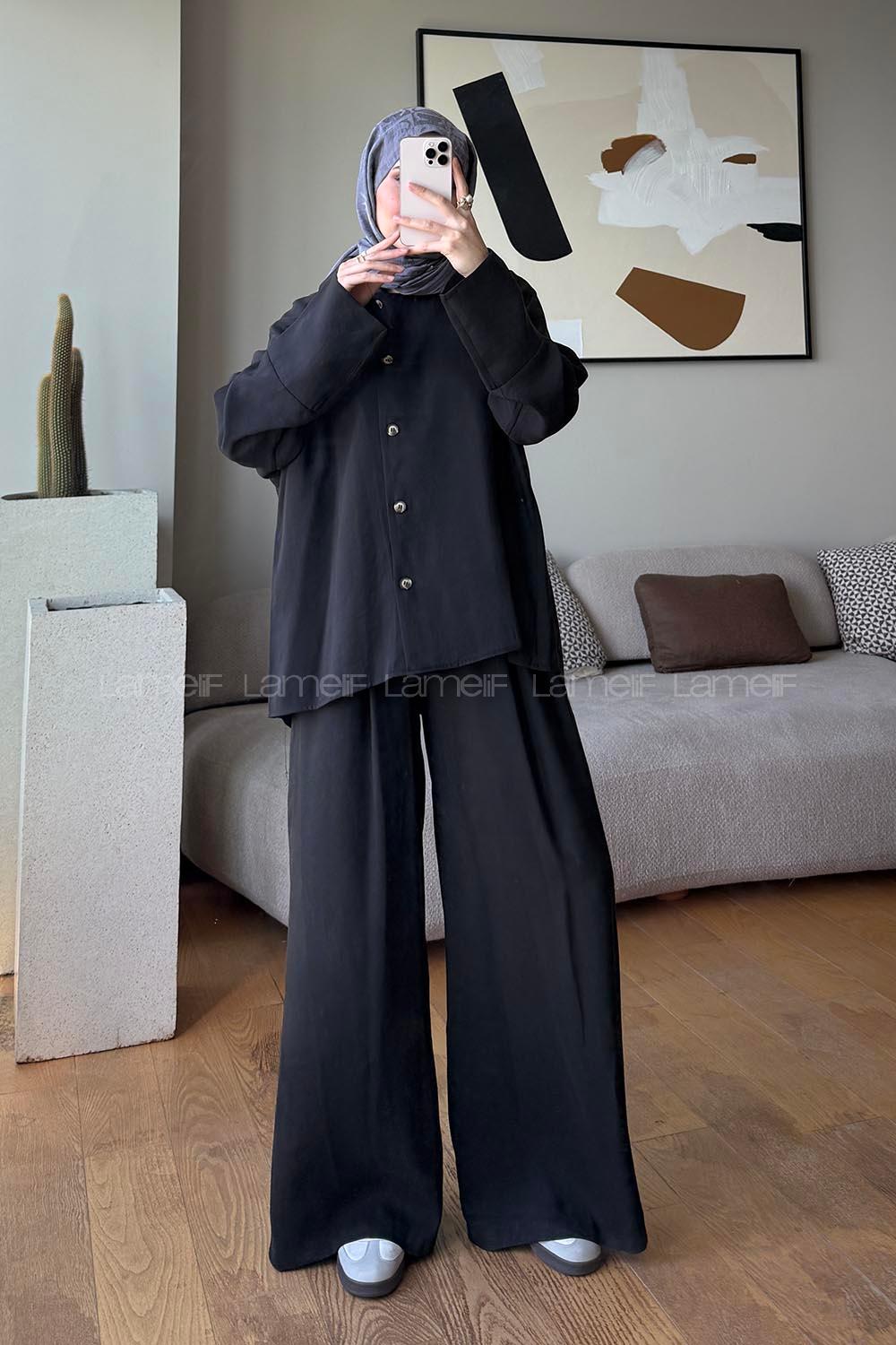 Black Shirt Collar Long Arm Buttoned Polyester Regular Trousers Suit