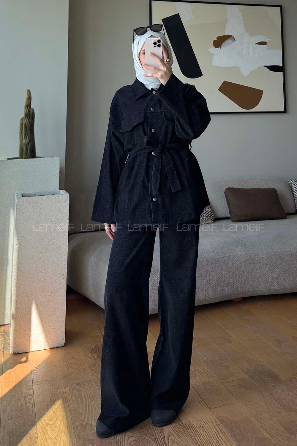 Black Shirt Collar Long Arm Buttoned Cotton Regular Trousers Suit
