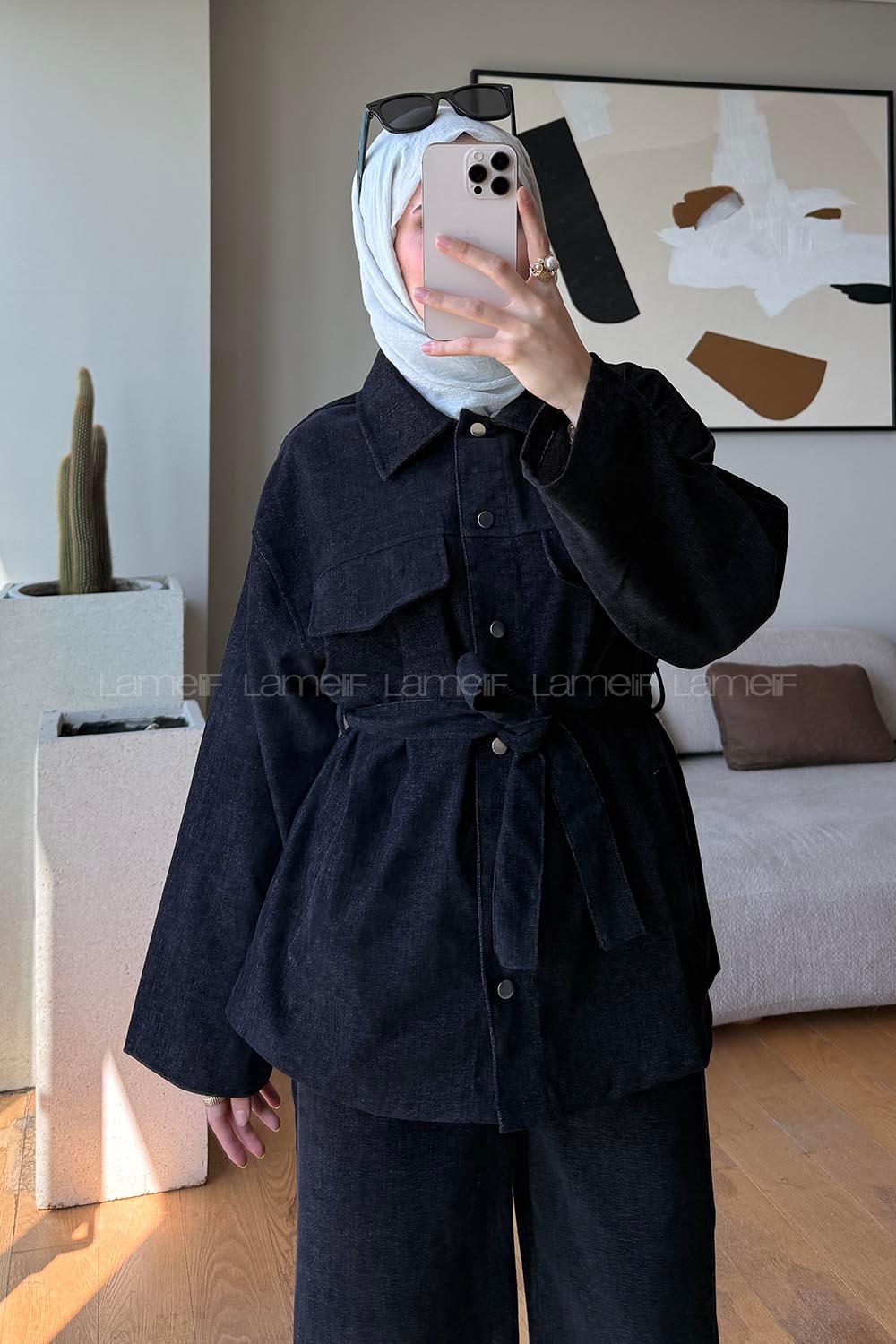 Black Shirt Collar Long Arm Buttoned Cotton Regular Trousers Suit
