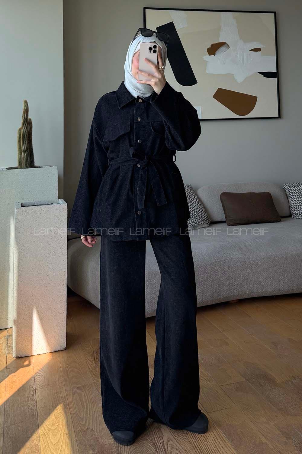 Black Shirt Collar Long Arm Buttoned Cotton Regular Trousers Suit