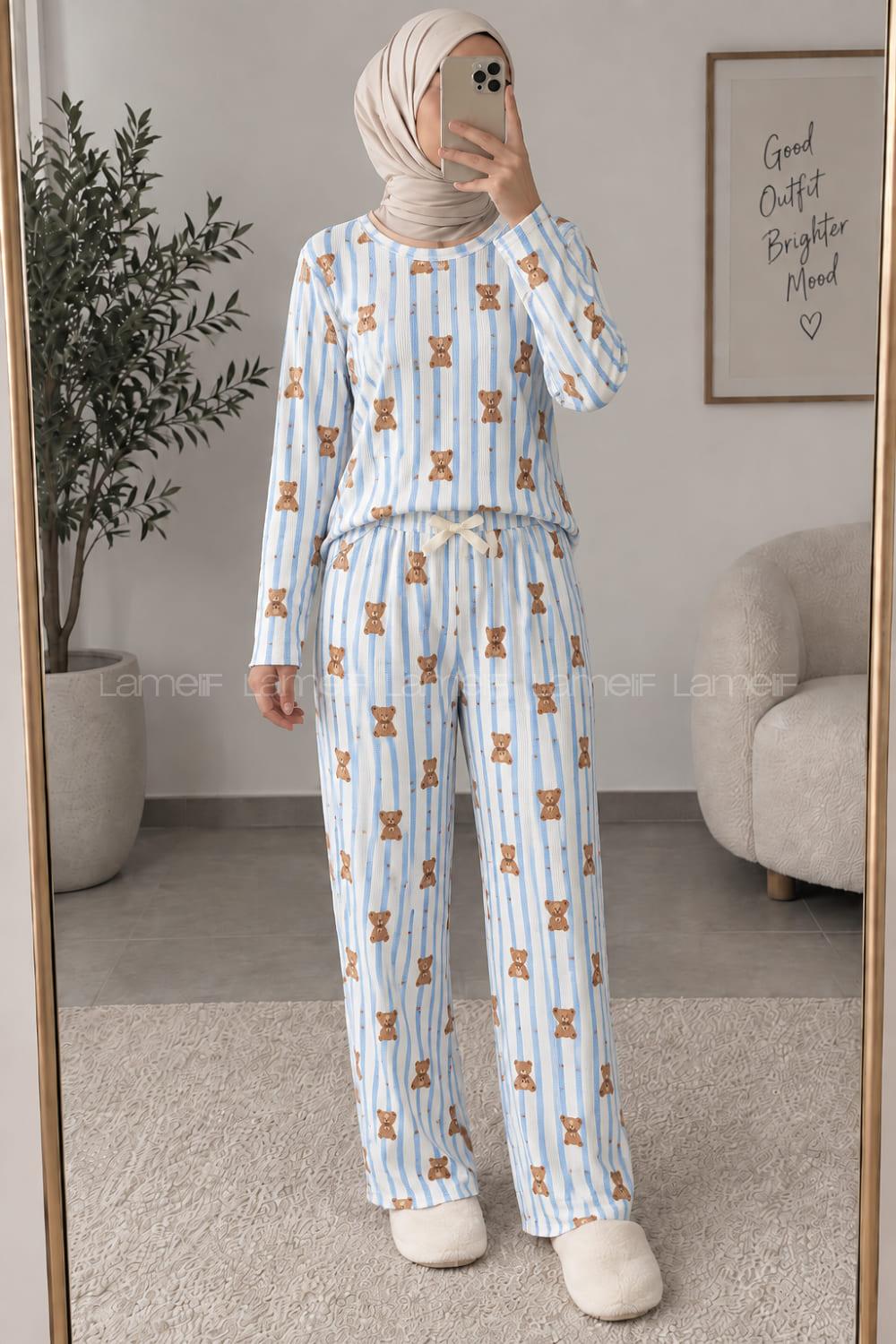 Lamelif Ayıcık Desenli Kaşkorse Pijama Takımı