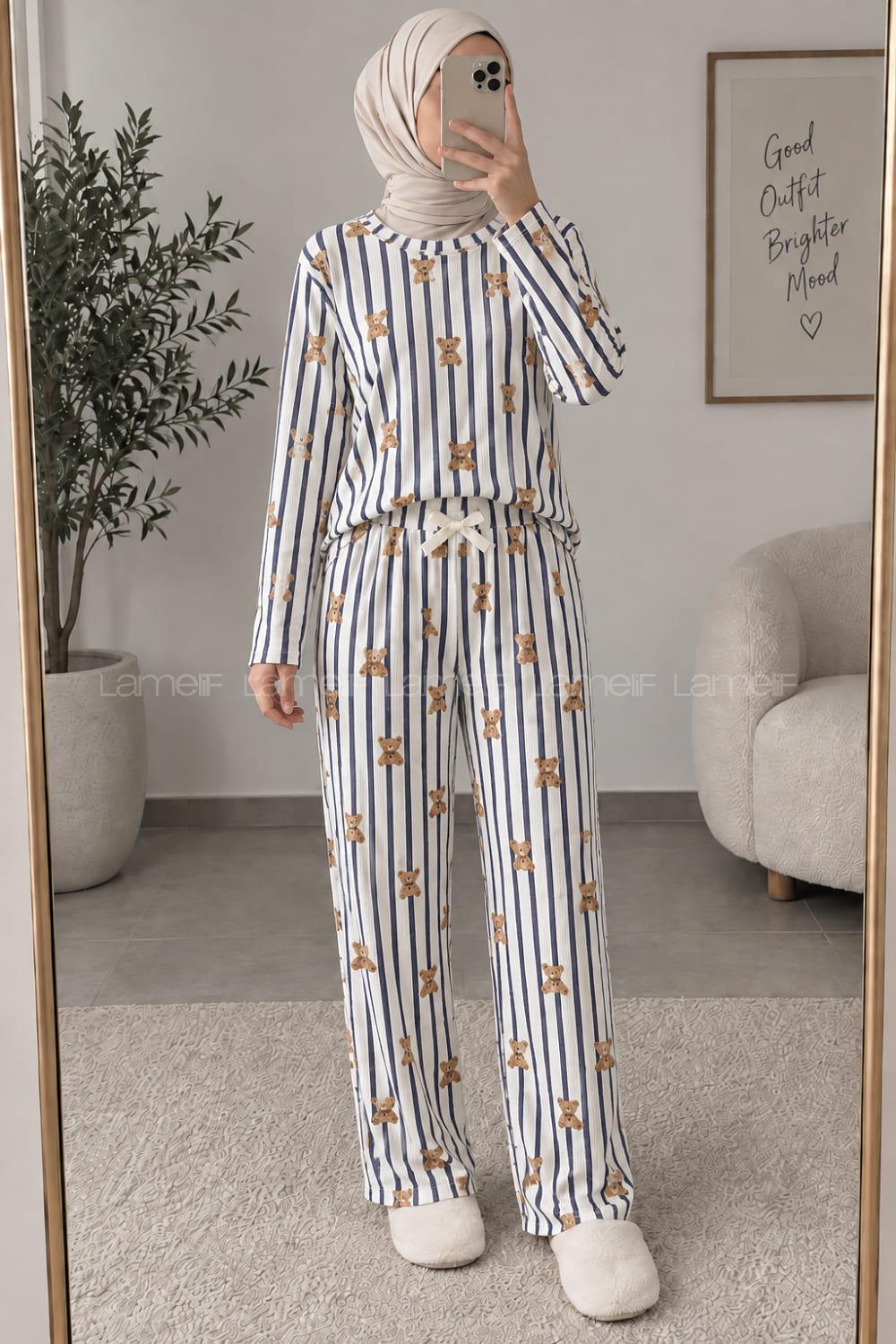 Lamelif Ayıcık Desenli Kaşkorse Pijama Takımı
