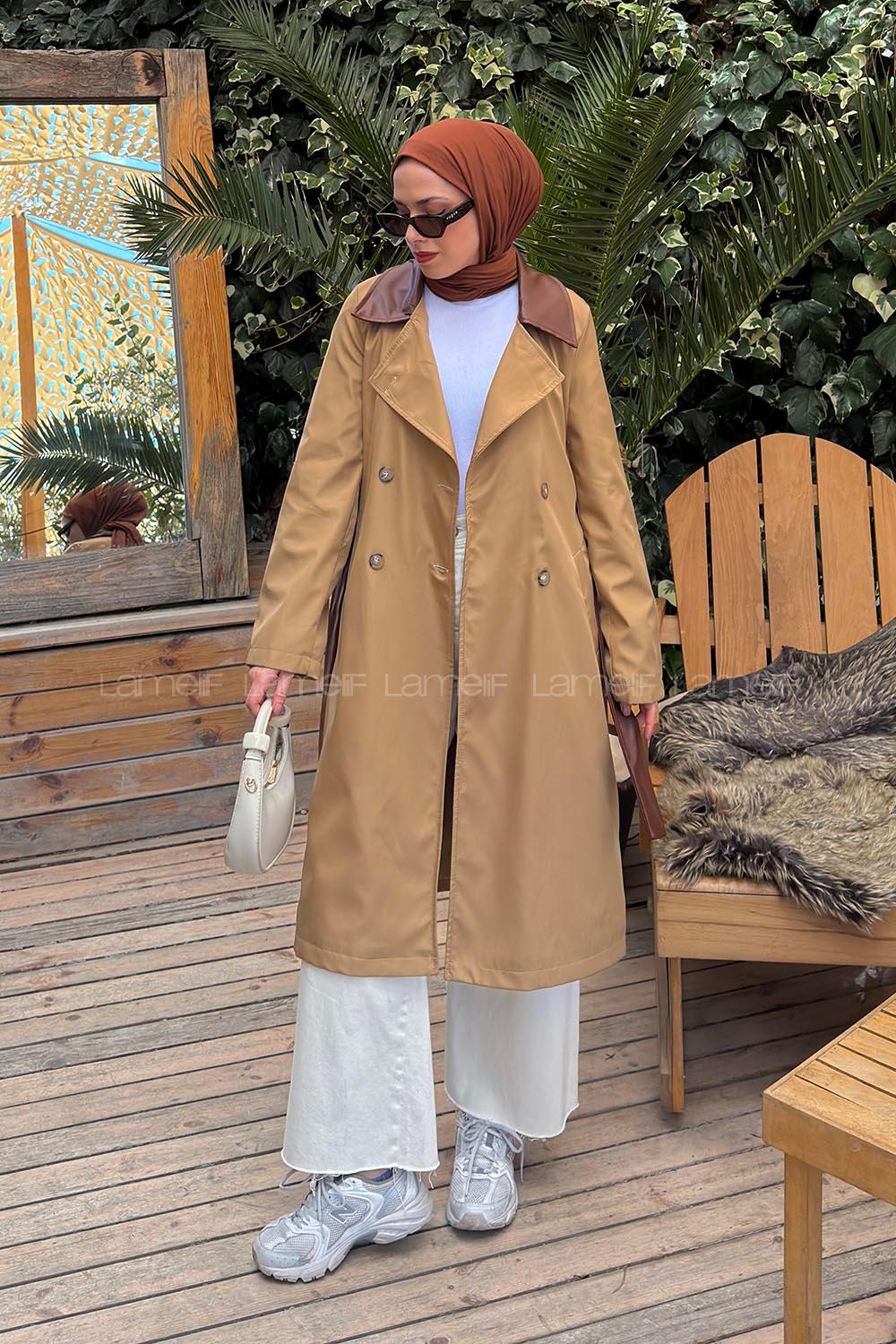 Lamelif Deri Detaylı Trençkot Camel