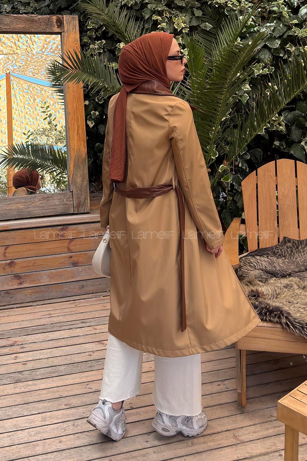Lamelif Deri Detaylı Trençkot Camel