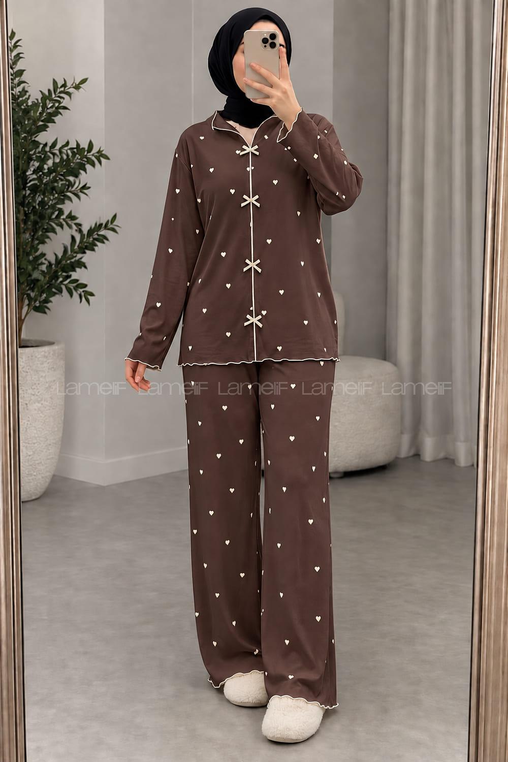 Lamelif Kahverengi Kalp Desenli Fiyonk Detaylı Pijama Takımı
