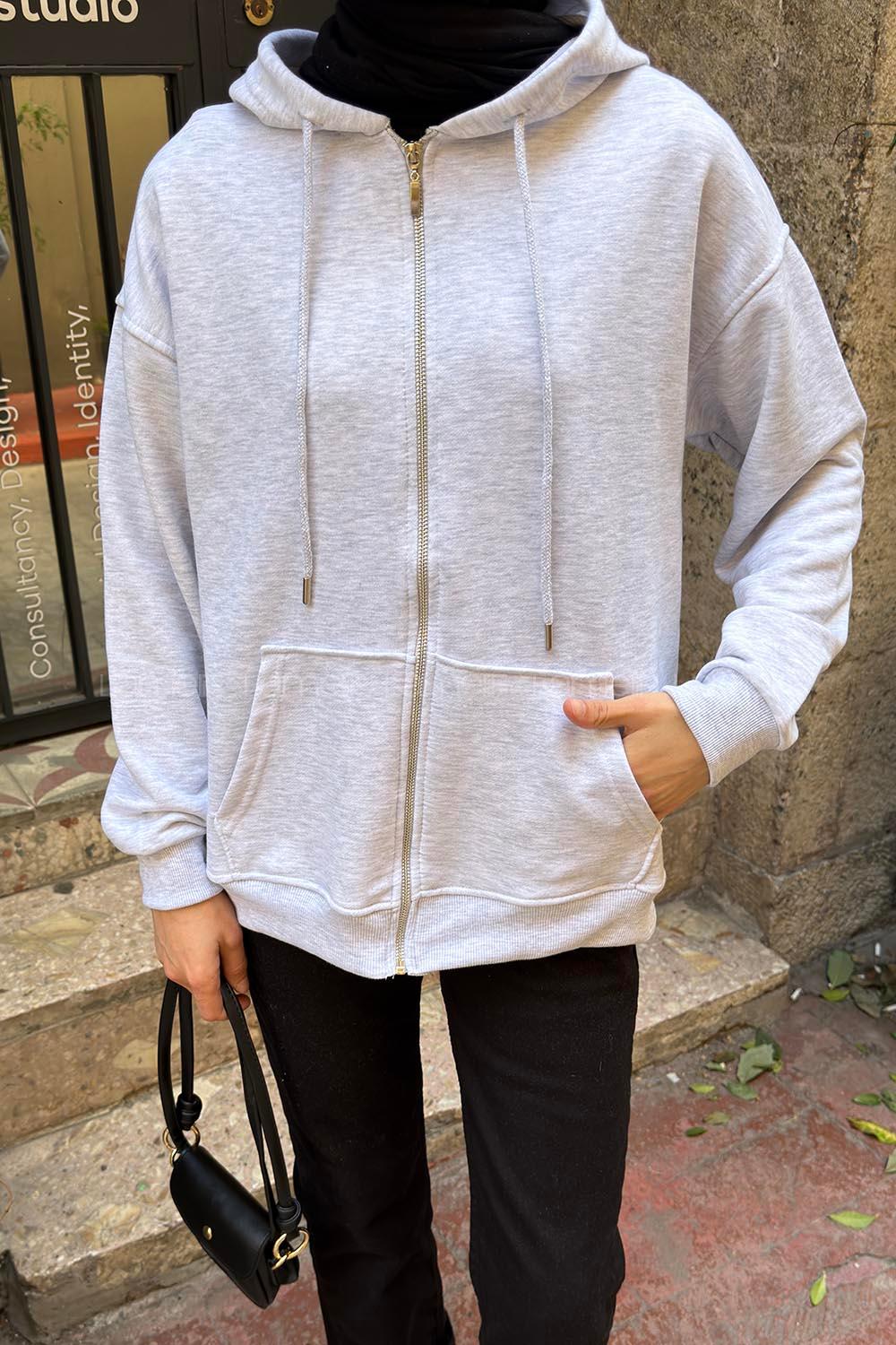 Lamelif Kapüşonlu Cep Detaylı Sweatshirt Hırka Fermuarlı Gri