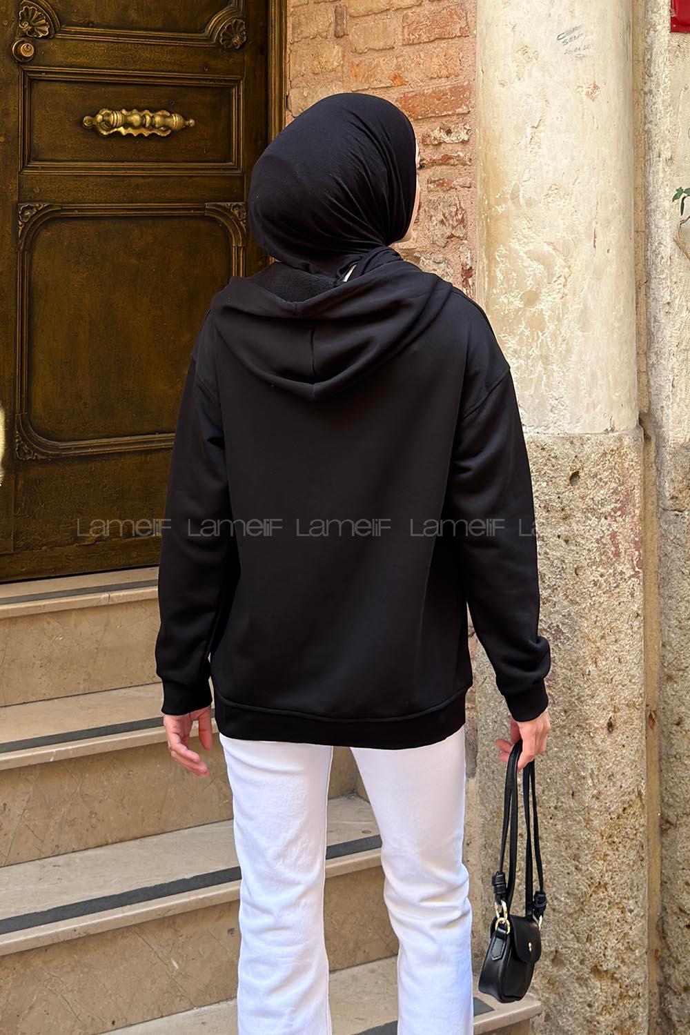 Lamelif Kapüşonlu Cep Detaylı Sweatshirt Hırka Fermuarlı Siyah