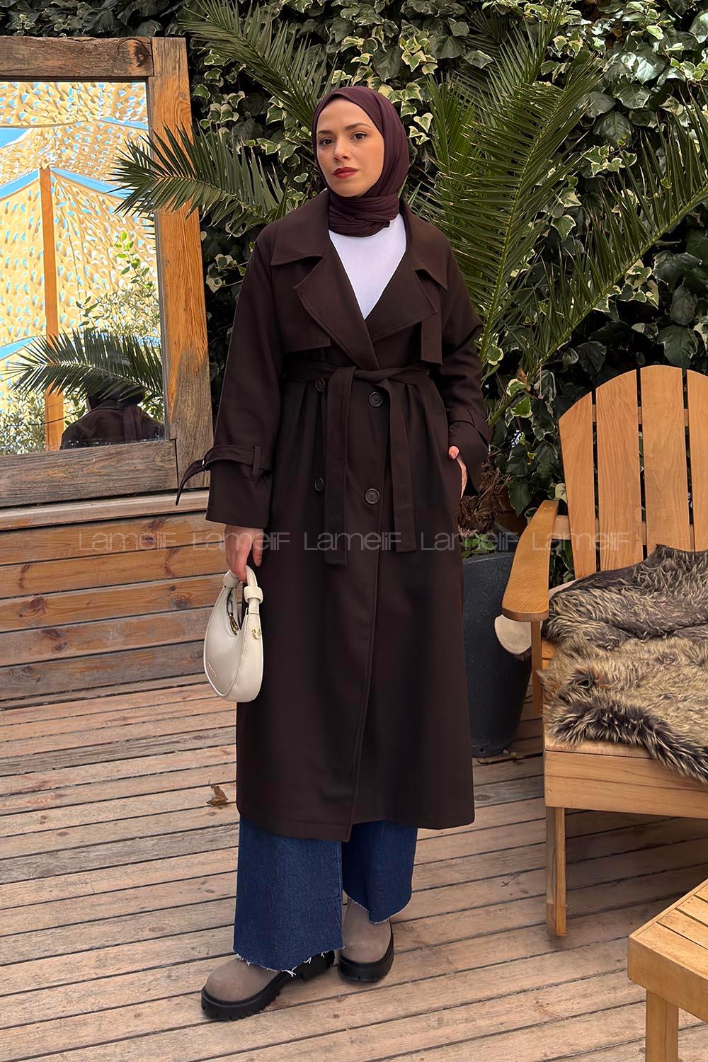 Lamelif Kruvaze Kemerli Trençkot Acı Kahve