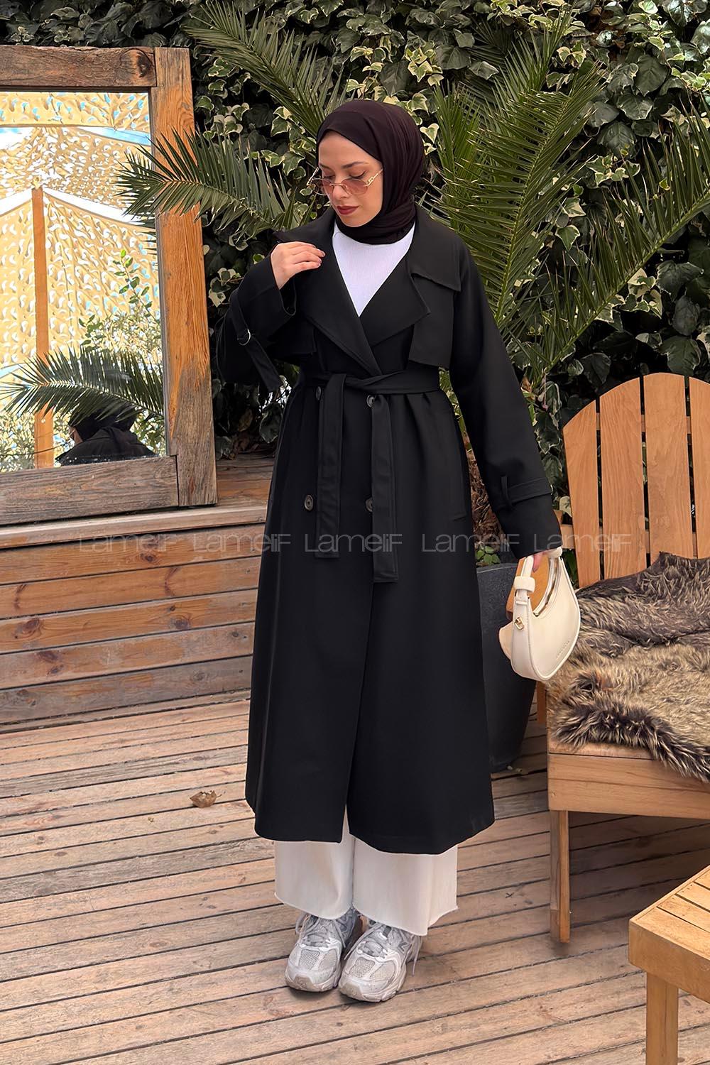 Lamelif Kruvaze Kemerli Trençkot Siyah