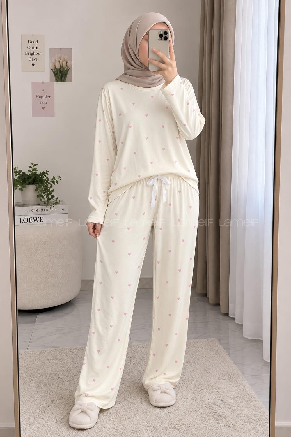 Lamelif Pembe Kalp Detaylı Pijama Takımı