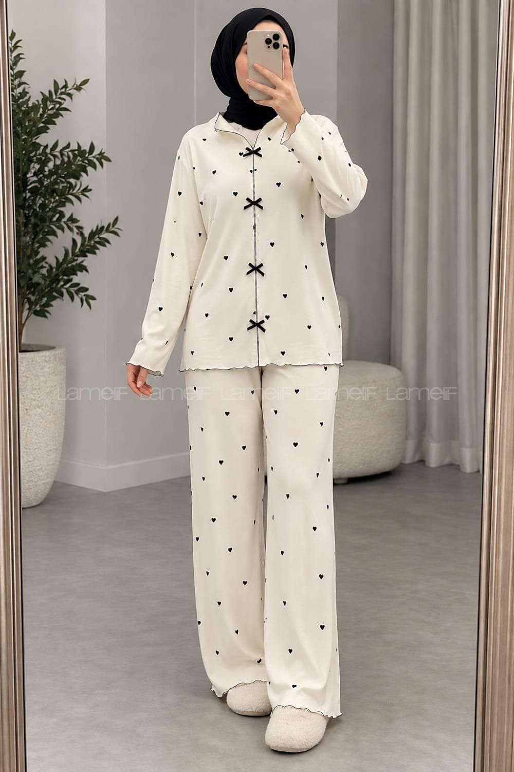 Lamelif Siyah Kalp Desenli Fiyonk Detaylı Pijama Takımı