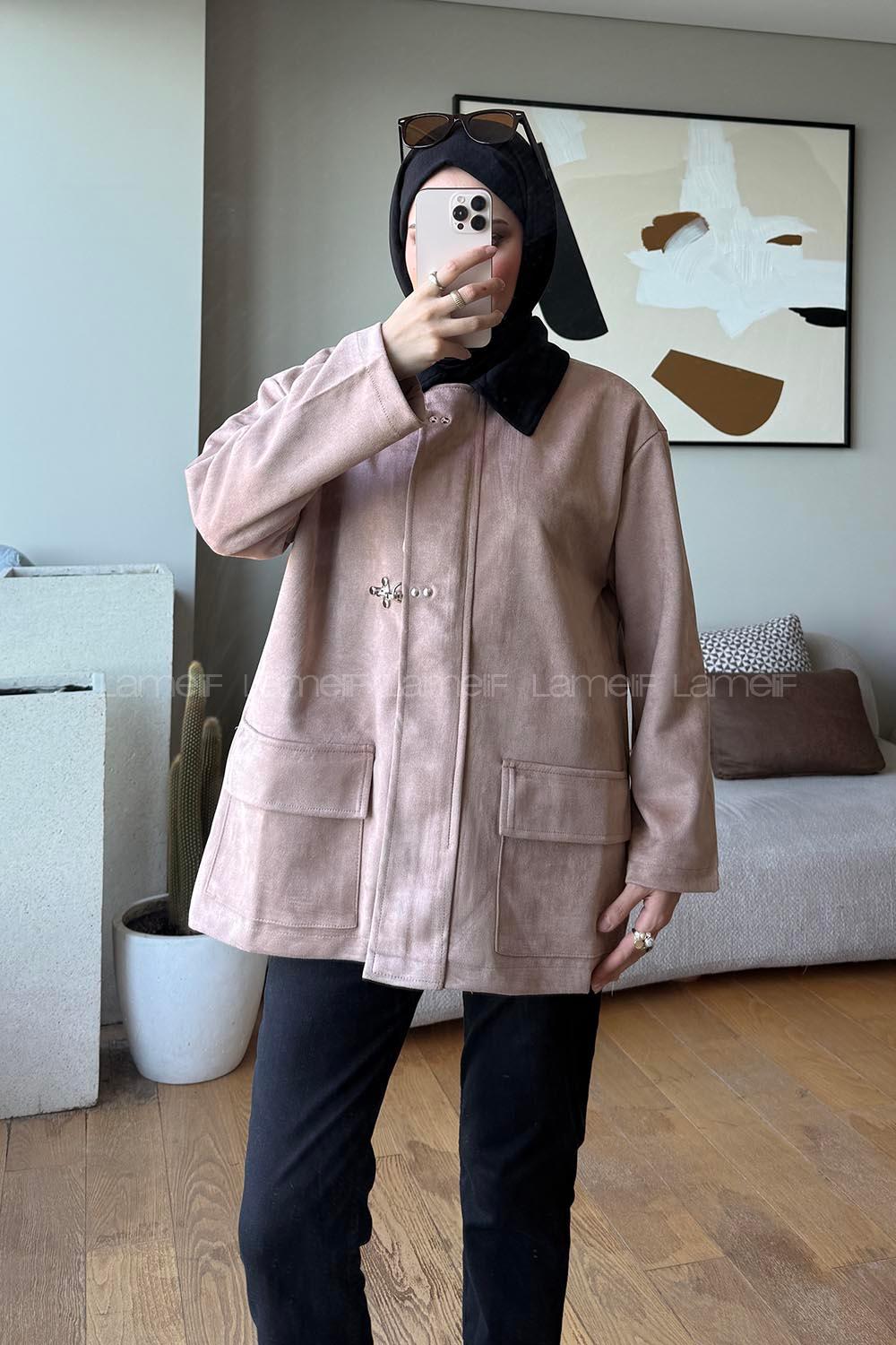 Lamelif Suni Suet Süs Düğmeli Ceket Soft Kahve