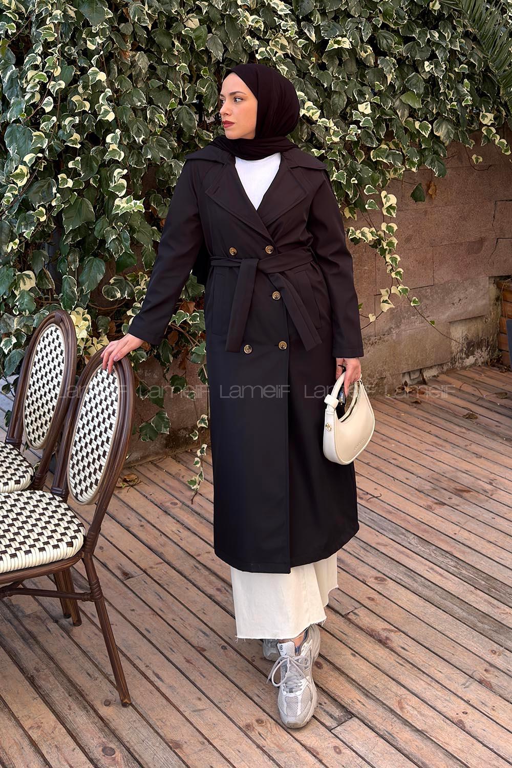 Lamelif Uzun Apoletli Trenç Siyah