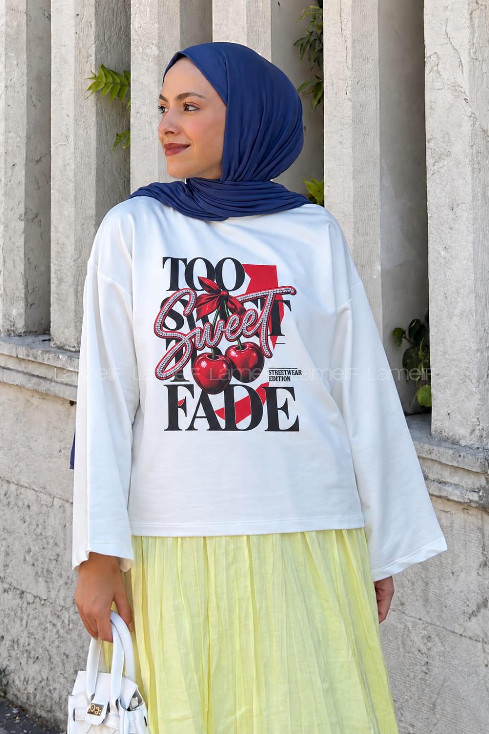 Lamelif Basic Oversize Cherry Sweet Baskılı Bluz Beyaz