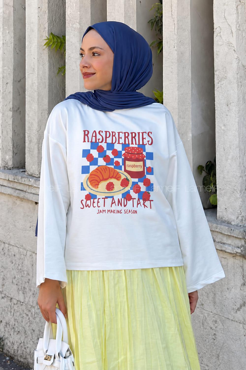 Lamelif Basic Oversize Raspberry Picnic Baskılı Bluz Beyaz