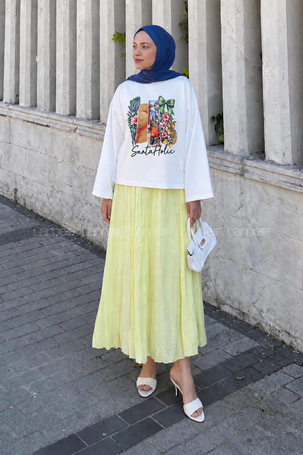 Lamelif Basic Oversize Yaz Esintisi Baskılı Bluz Beyaz