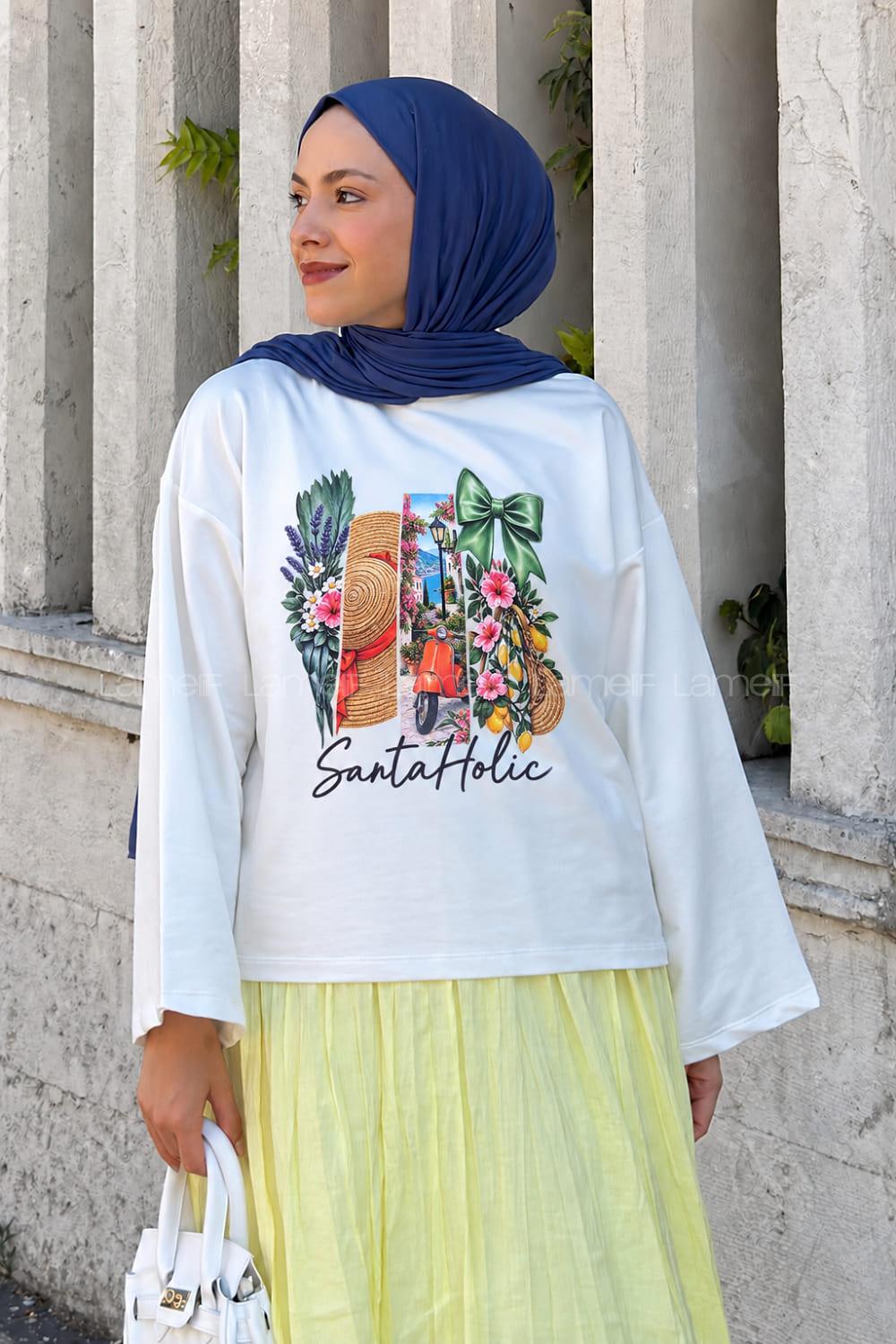 Lamelif Basic Oversize Yaz Esintisi Baskılı Bluz Beyaz