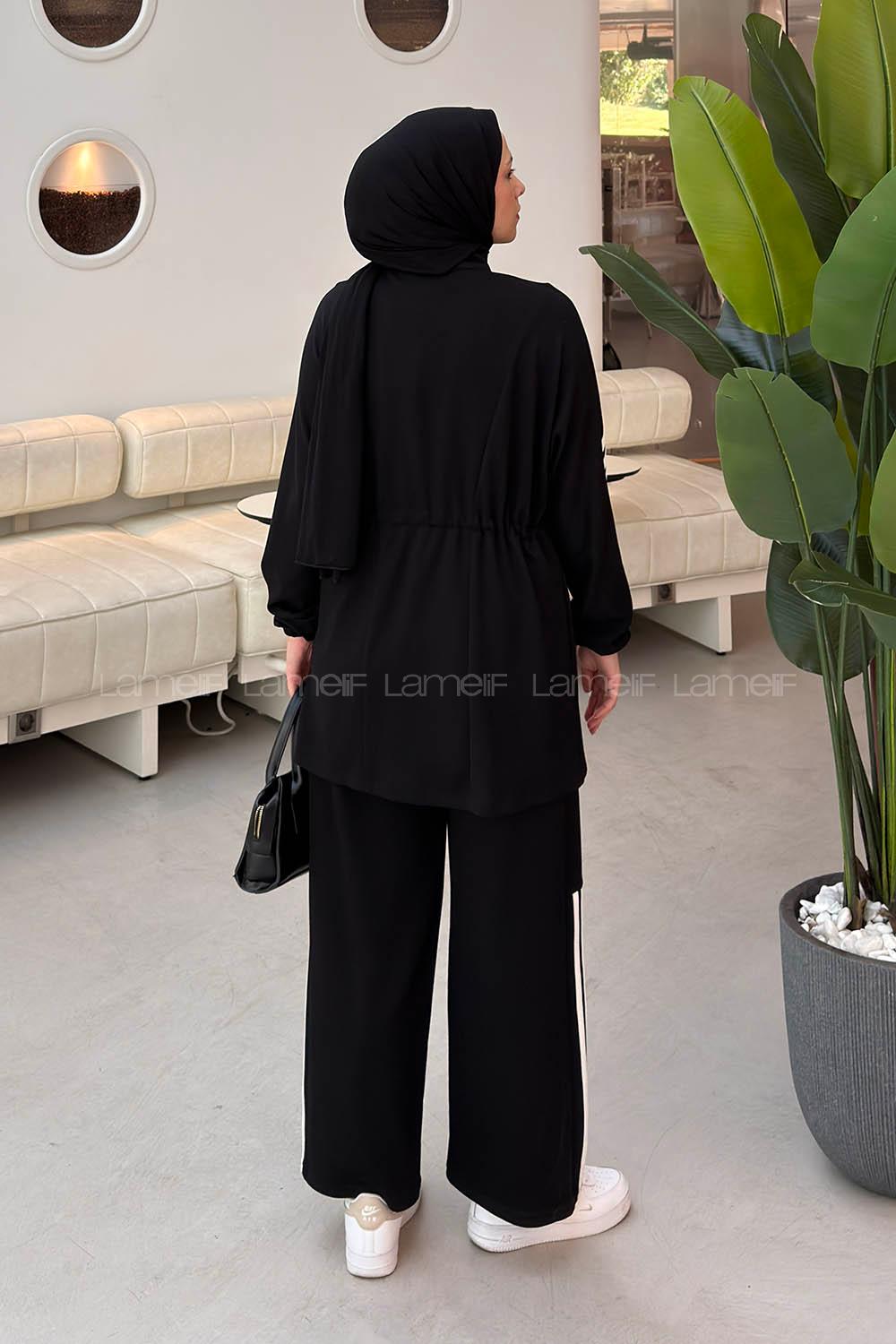 Black Neckband Long Arm Belted Viscose Fabric Lycra Regular Trousers Suit