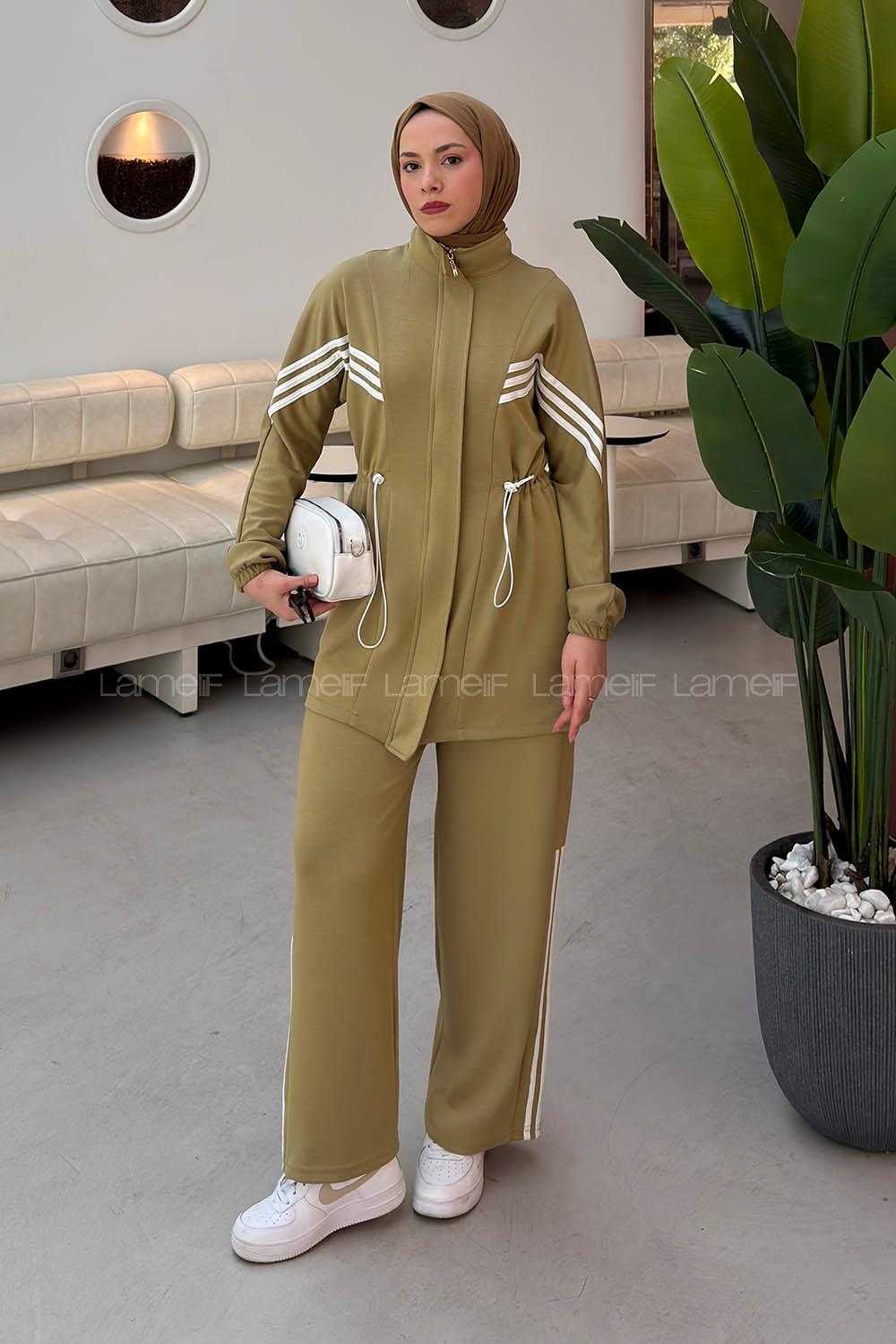 Oil Green Neckband Long Arm Belted Viscose Fabric Lycra Regular Trousers Suit