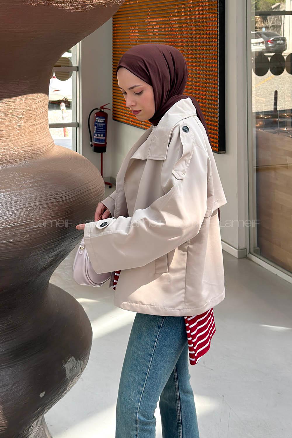 Lamelif Dik Yaka Kuşaklı Trençkot Taş Rengi