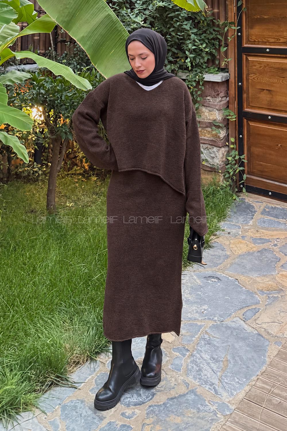 Lamelif Etekli Triko Takım Acı Kahve
