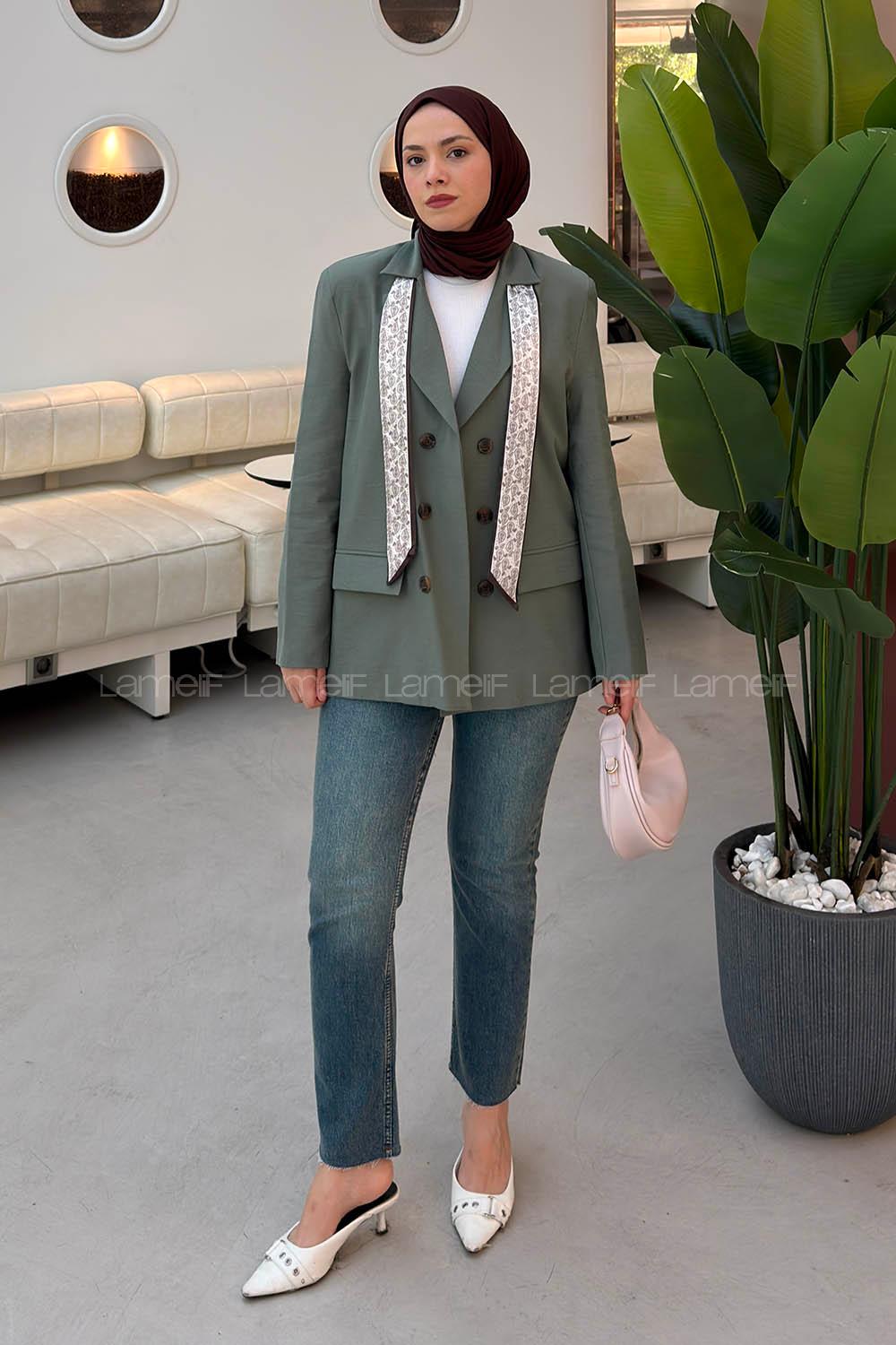 Khaki Jacket Collar Long Arm Linen Jacket
