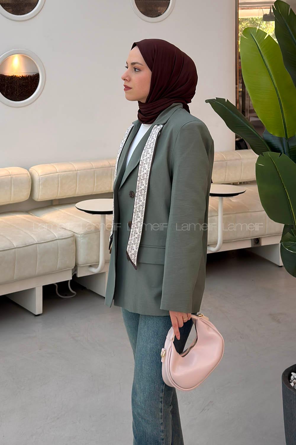 Khaki Jacket Collar Long Arm Linen Jacket