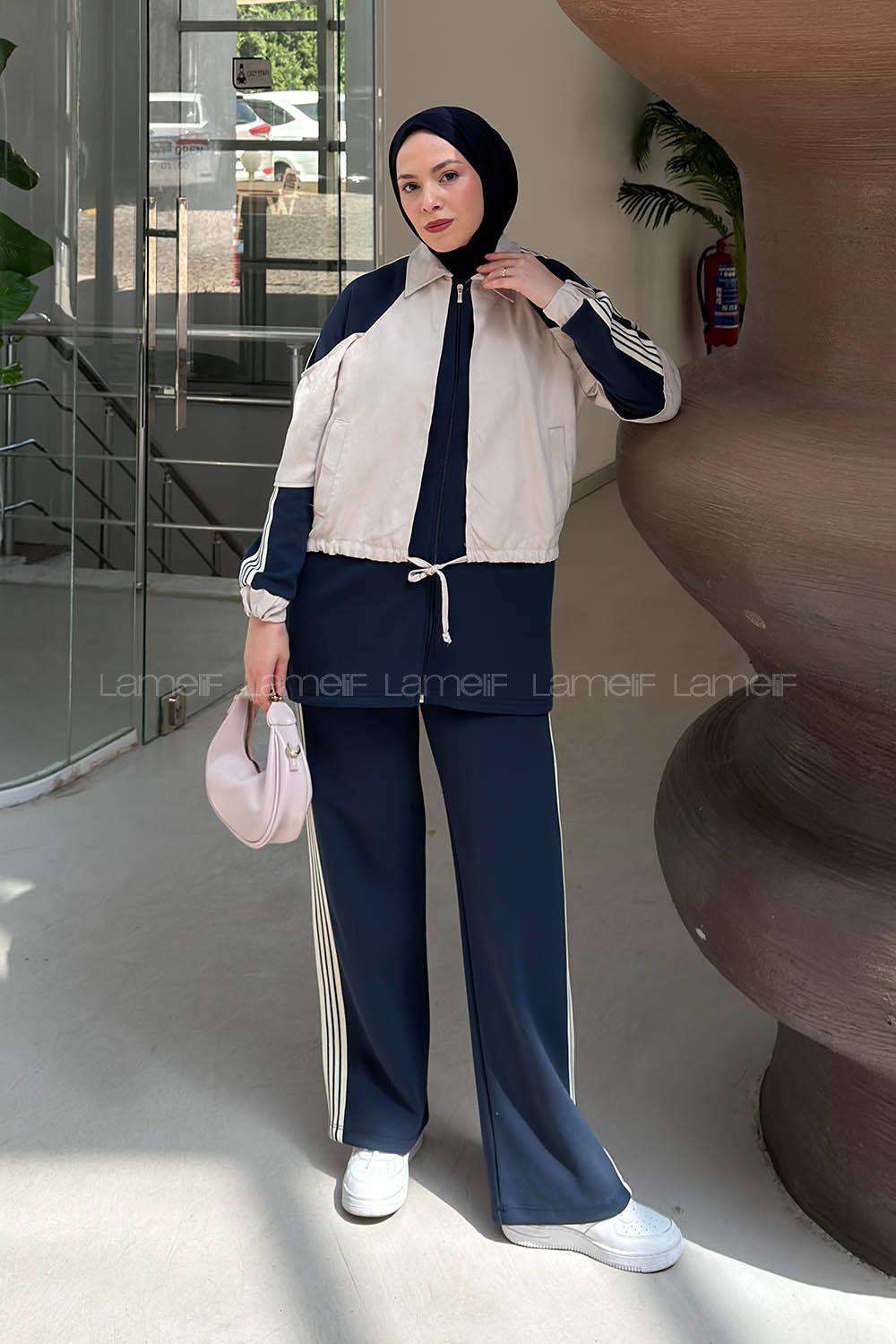 Navy Blue Shirt Collar Long Arm Belted Cotton Fabric Regular Trousers Suit