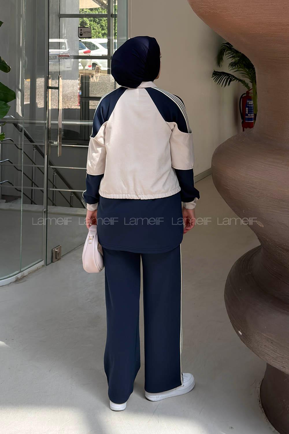 Navy Blue Shirt Collar Long Arm Belted Cotton Fabric Regular Trousers Suit