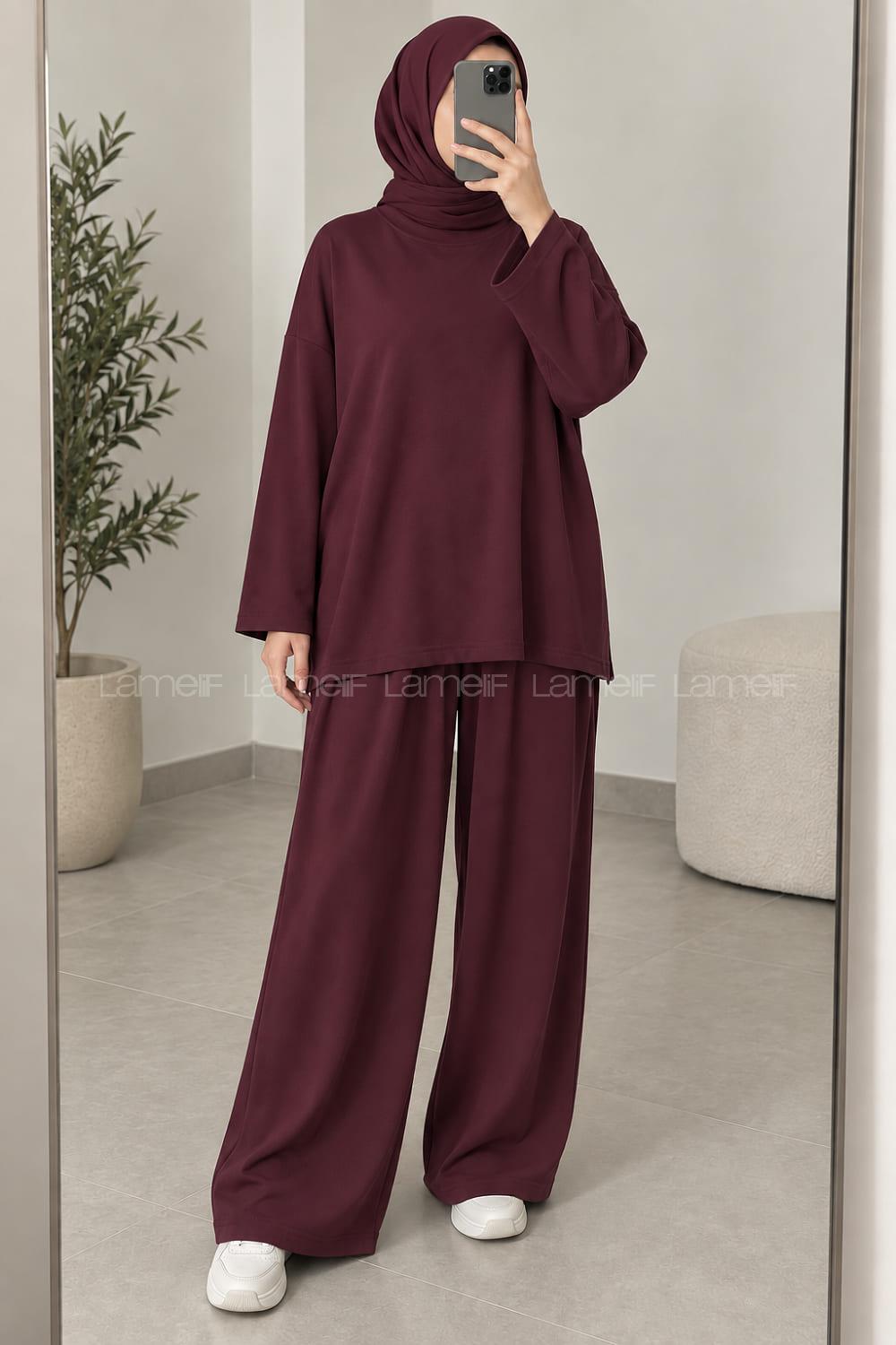 Lamelif Bisiklet Yaka Basic İkili Takım Bordo