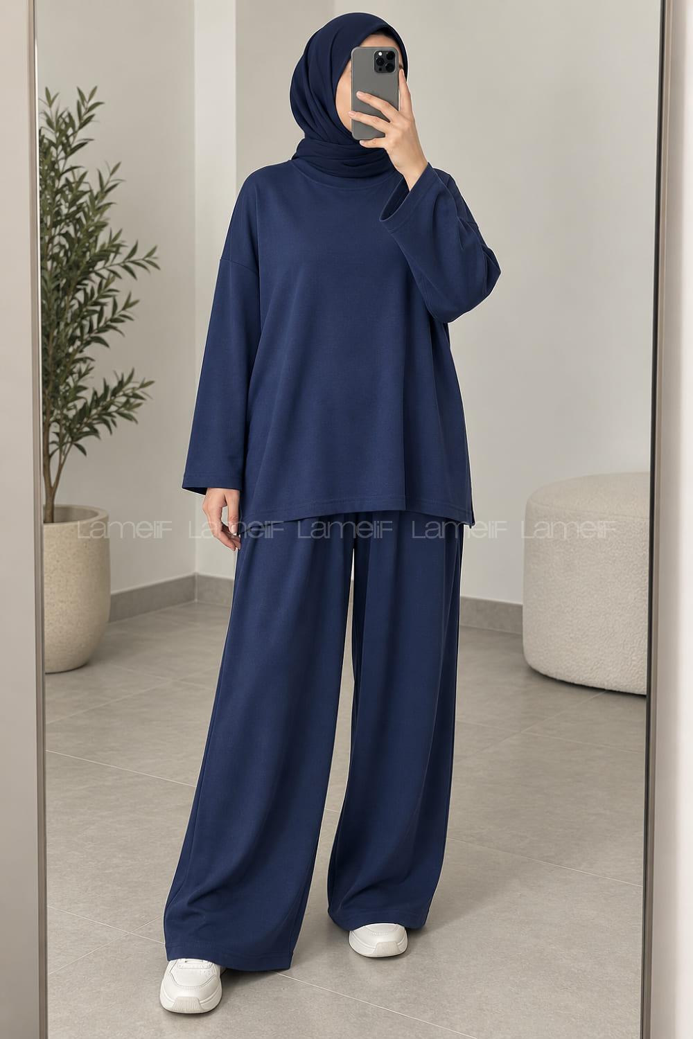 Navy Blue Crew Neck Long Arm Without Accessories Regular Trousers Suit