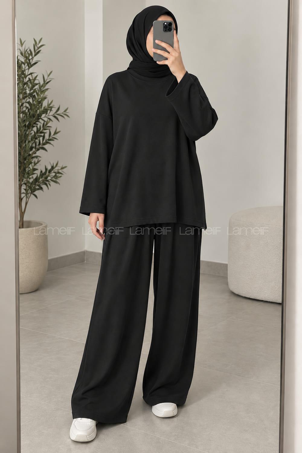 Black Crew Neck Long Arm Without Accessories Regular Trousers Suit