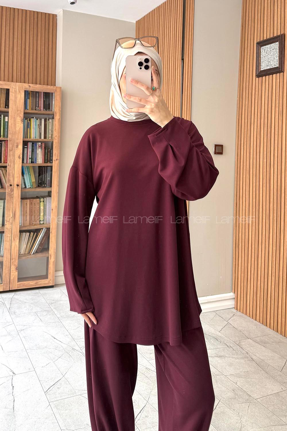 Lamelif Bisiklet Yaka Oysho Kumaş İkili Takım Mürdüm