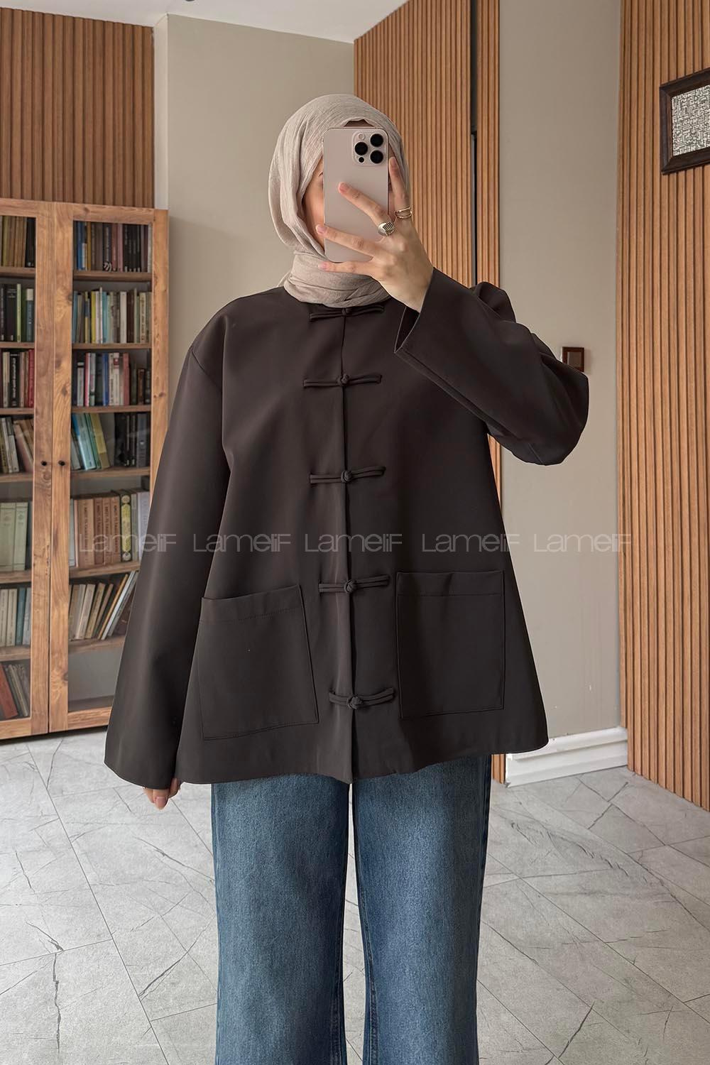 Dark Brown Neckband Long Arm Jacket