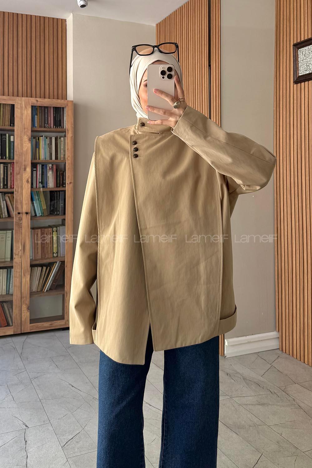 Lamelif Dik Yaka Pilili Tasarım Trençkot Camel