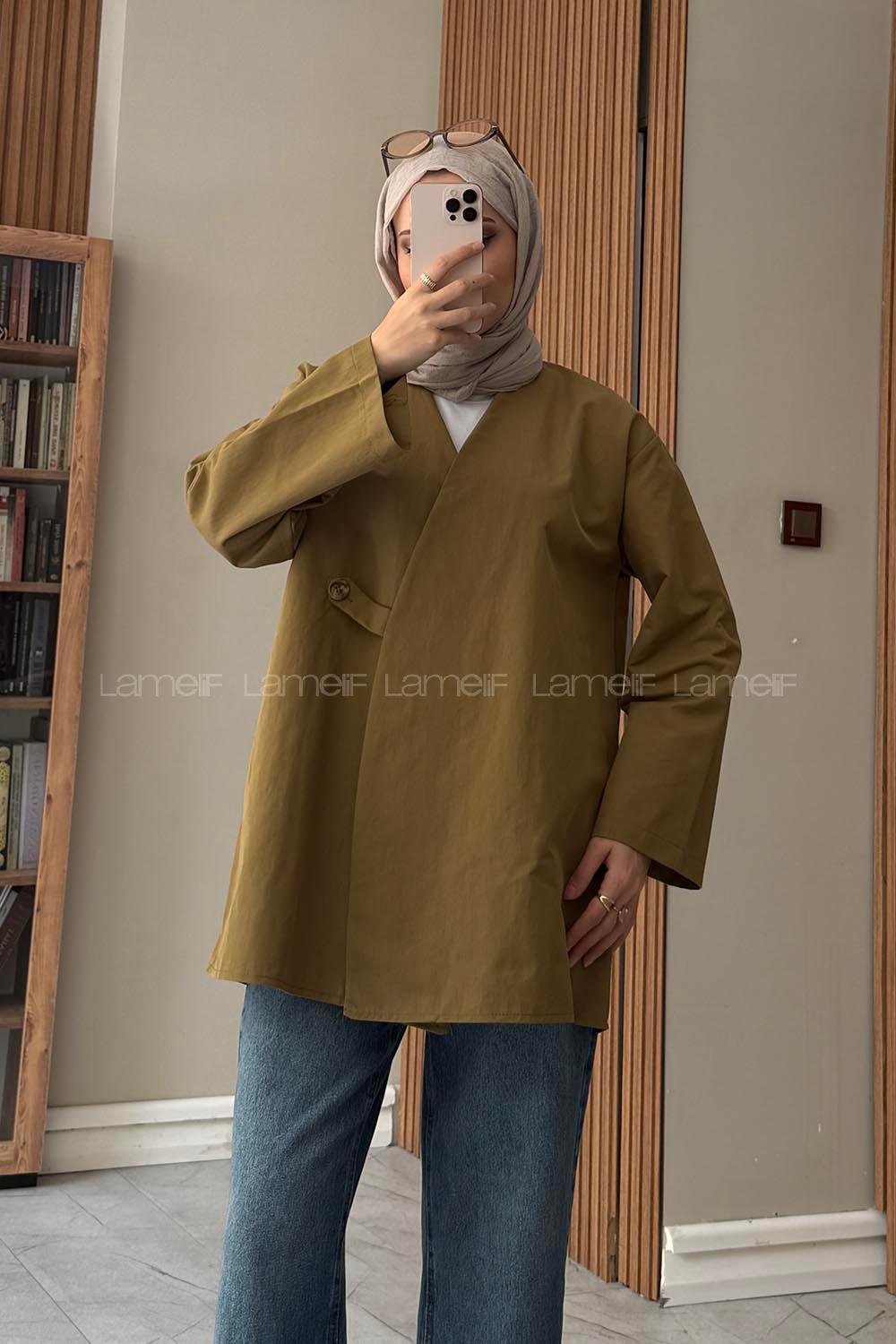 Lamelif Geniş V Yaka Düğme İlikleme Detaylı Ceket Yağ Yeşili