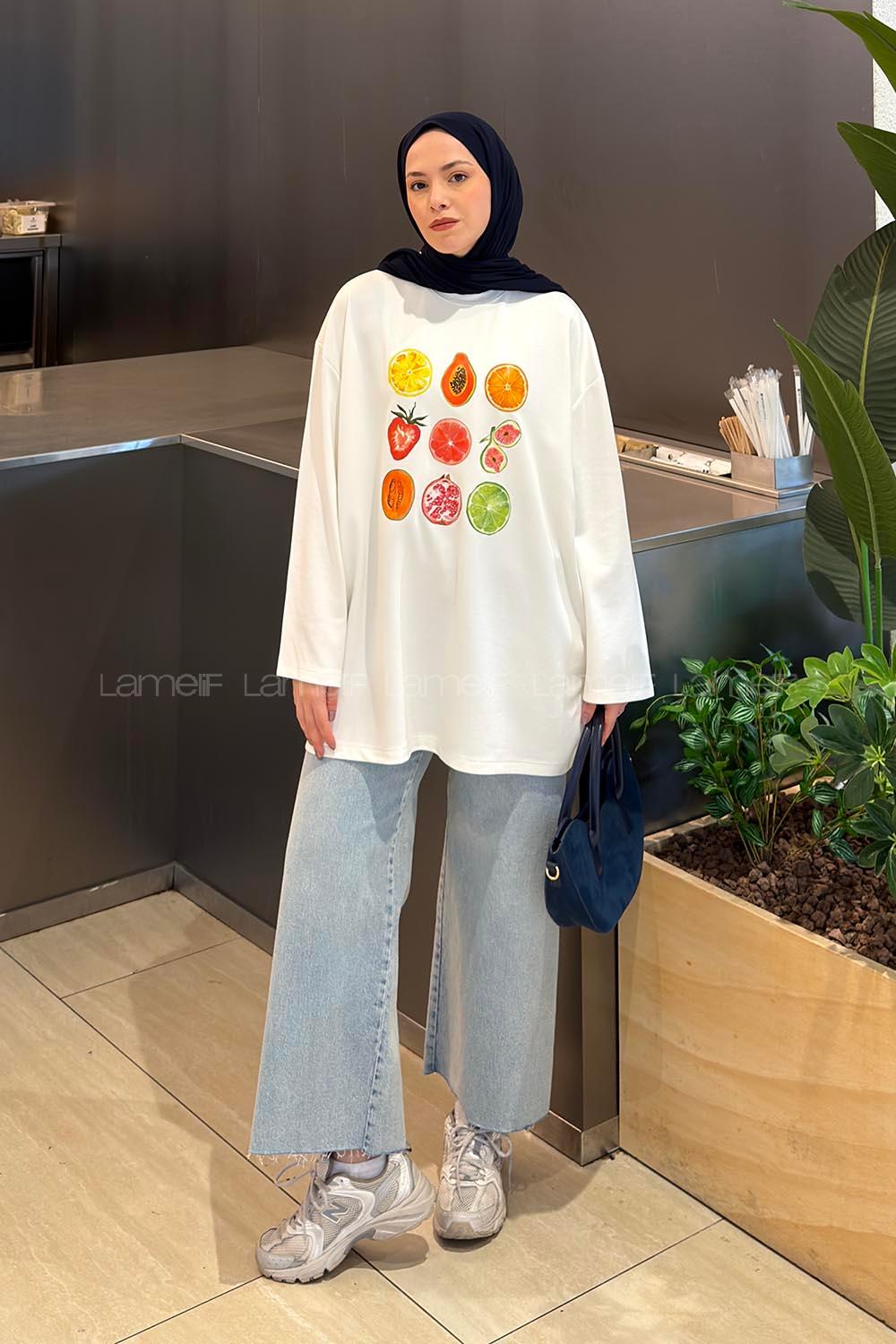 White-1 Crew Neck Viscose Fabric Polyester Printed Tunic