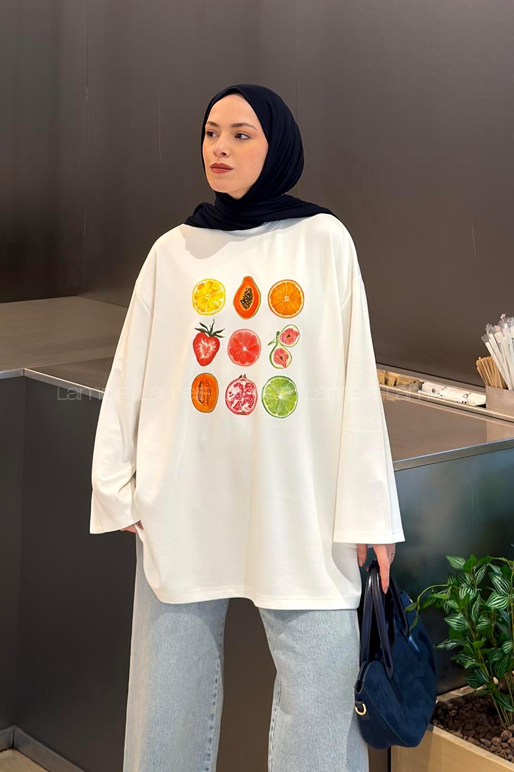 White-1 Crew Neck Viscose Fabric Polyester Printed Tunic