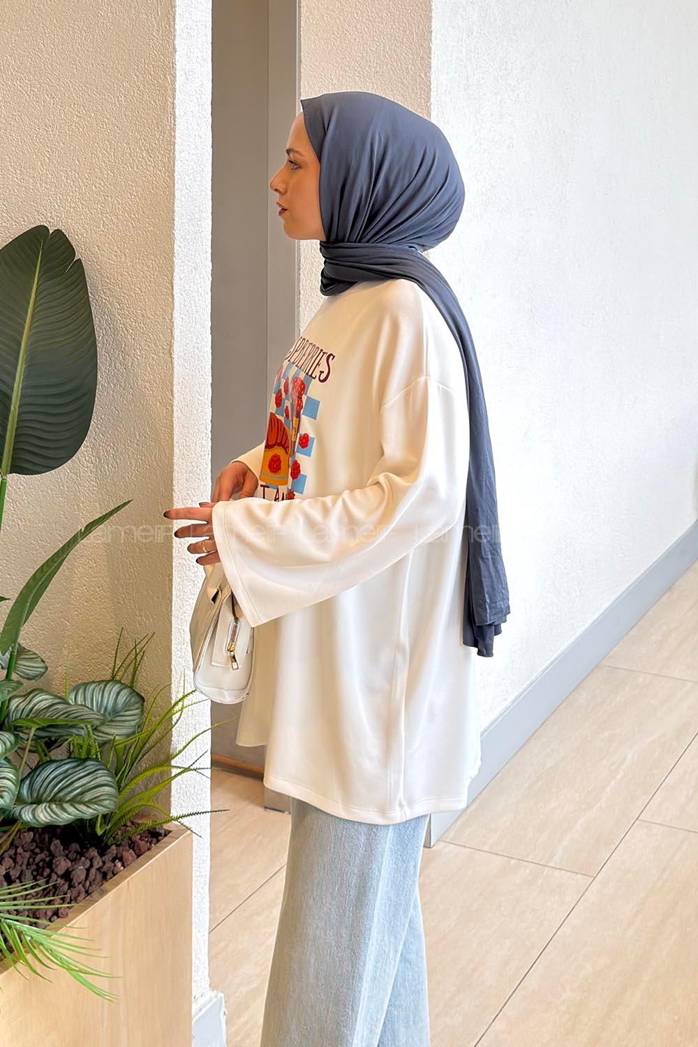 White-3 Crew Neck Viscose Fabric Polyester Printed Tunic