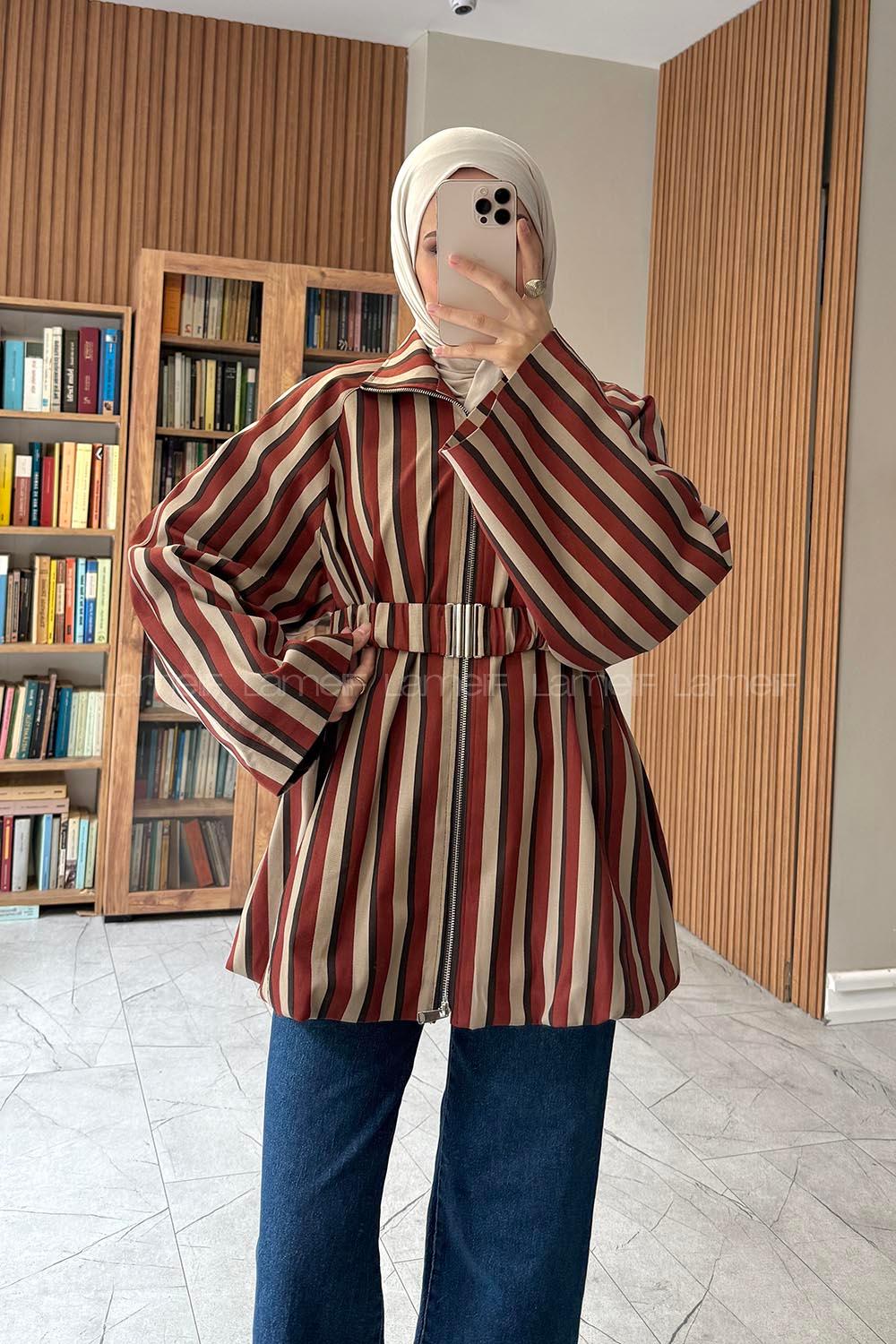 Lamelif Fermuar Kapama Kemerli Çizgili Ceket Kırmızı