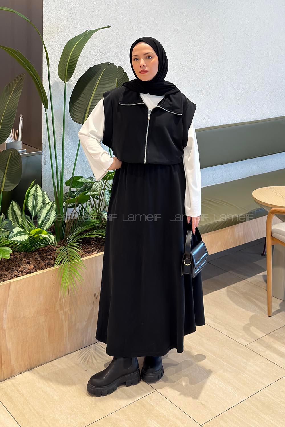 Black Shirt Collar Sleeveless Arm With Zipper Pleated Suit