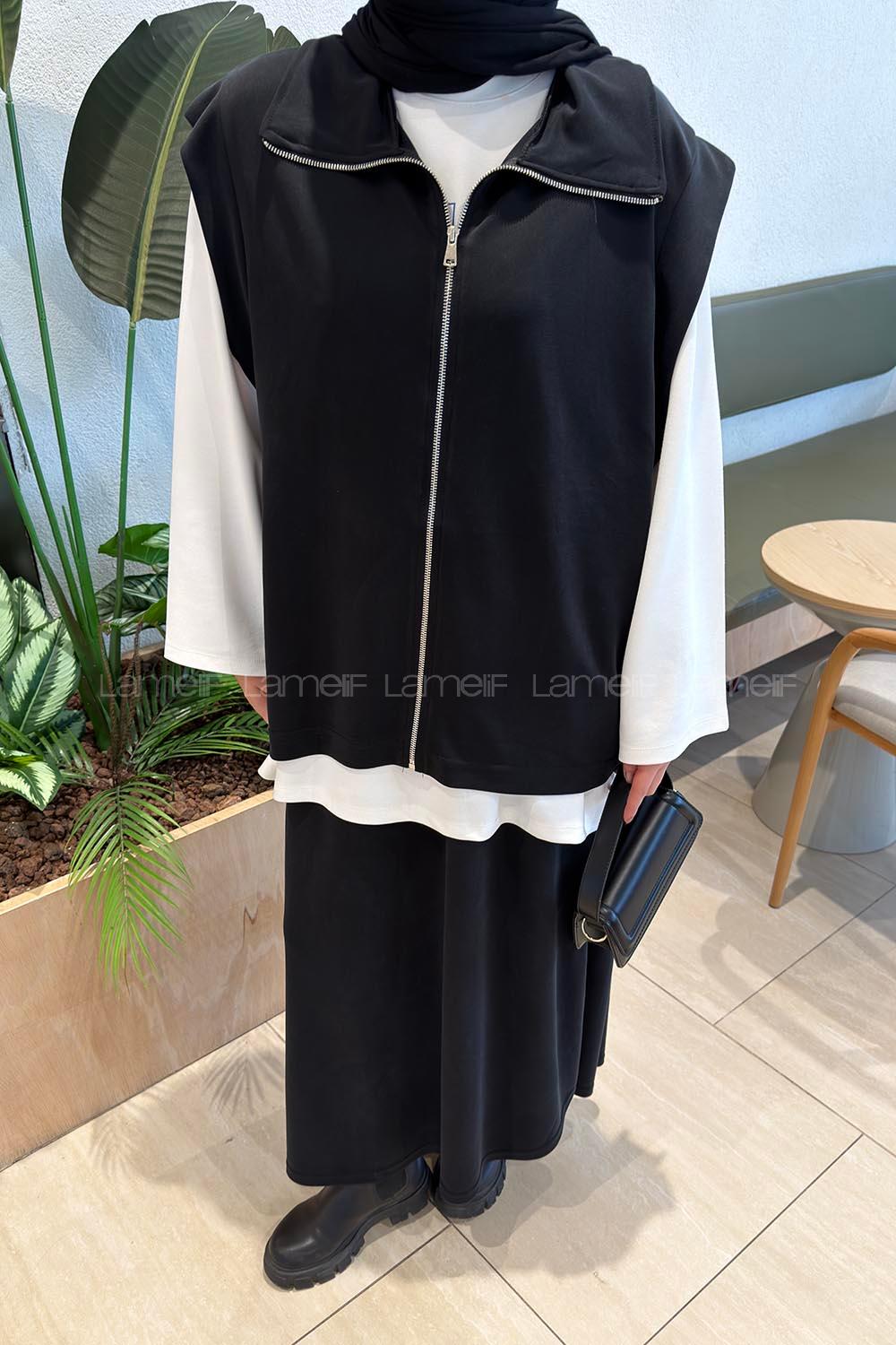 Black Shirt Collar Sleeveless Arm With Zipper Pleated Suit