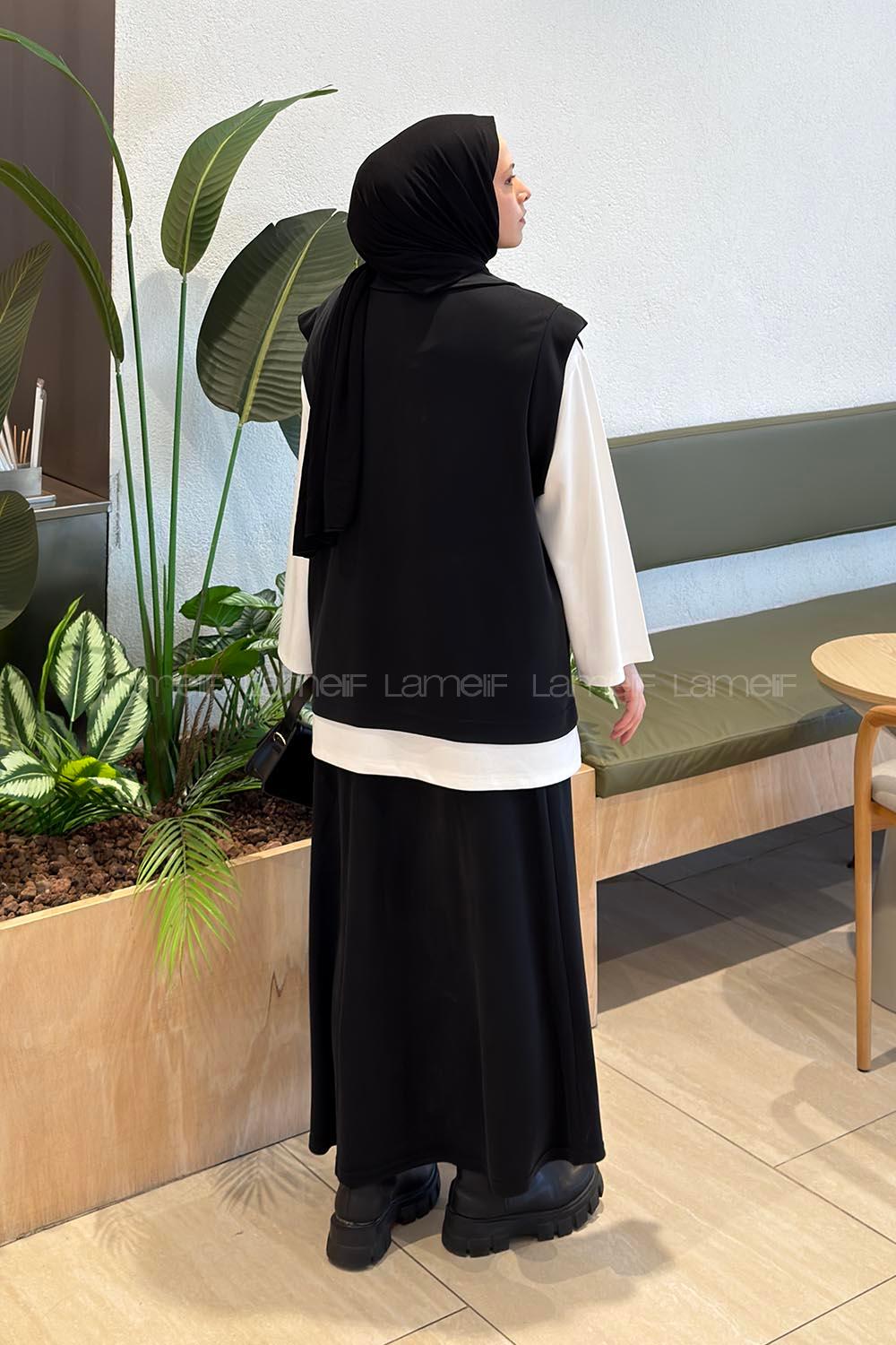 Black Shirt Collar Sleeveless Arm With Zipper Pleated Suit
